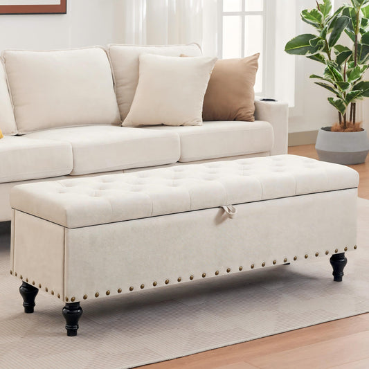 Mangodan51” Linen End of Bed Storage Bench, Tufetd Upholstered Storage Ottoman Bench with Safety Hinge, 330 lb Large Ottoman with Storages for Living Room, Entryway & Bedroom, Window Benches, Beige