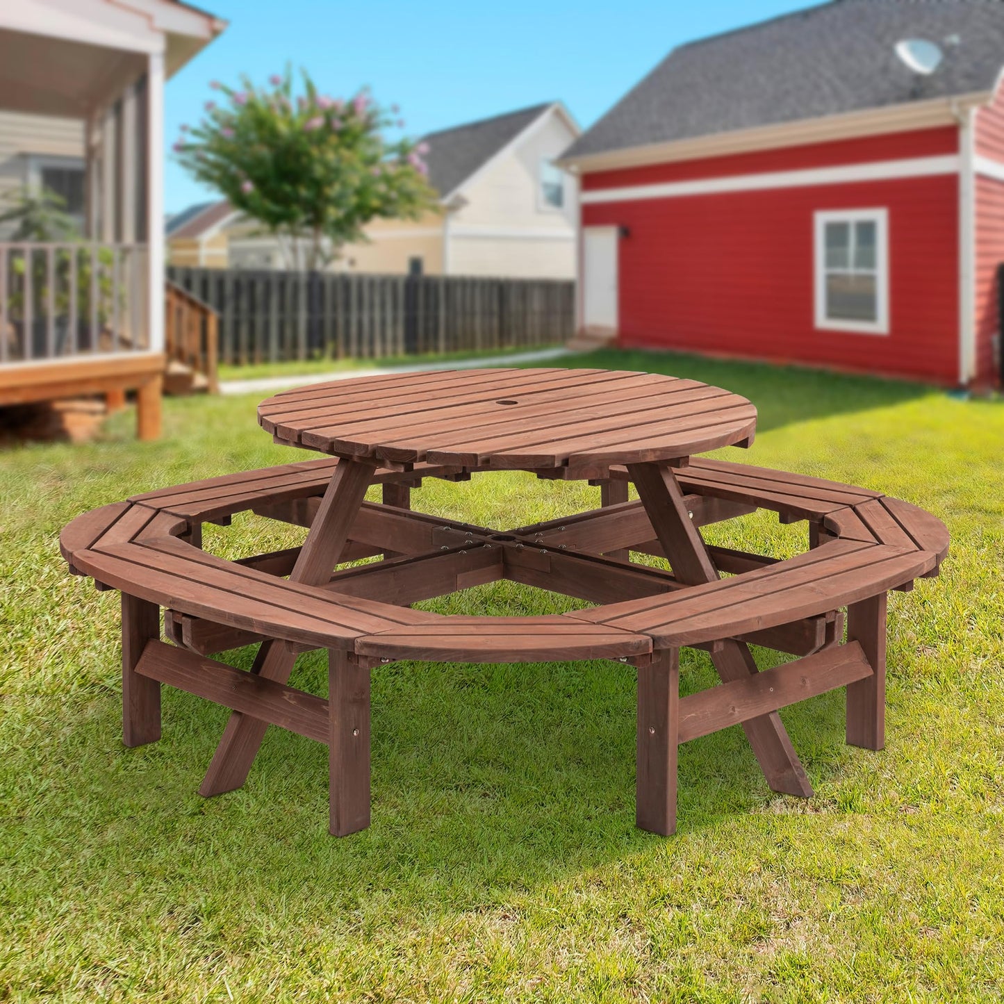 RocVanc 8-12 Person Outdoor Round Wooden Picnic Table with 8 Built-in Benches, Umbrella Hole, Lifetime Outside Table and Bench Set for Garden, Backyard, Porch, Patio and Deck