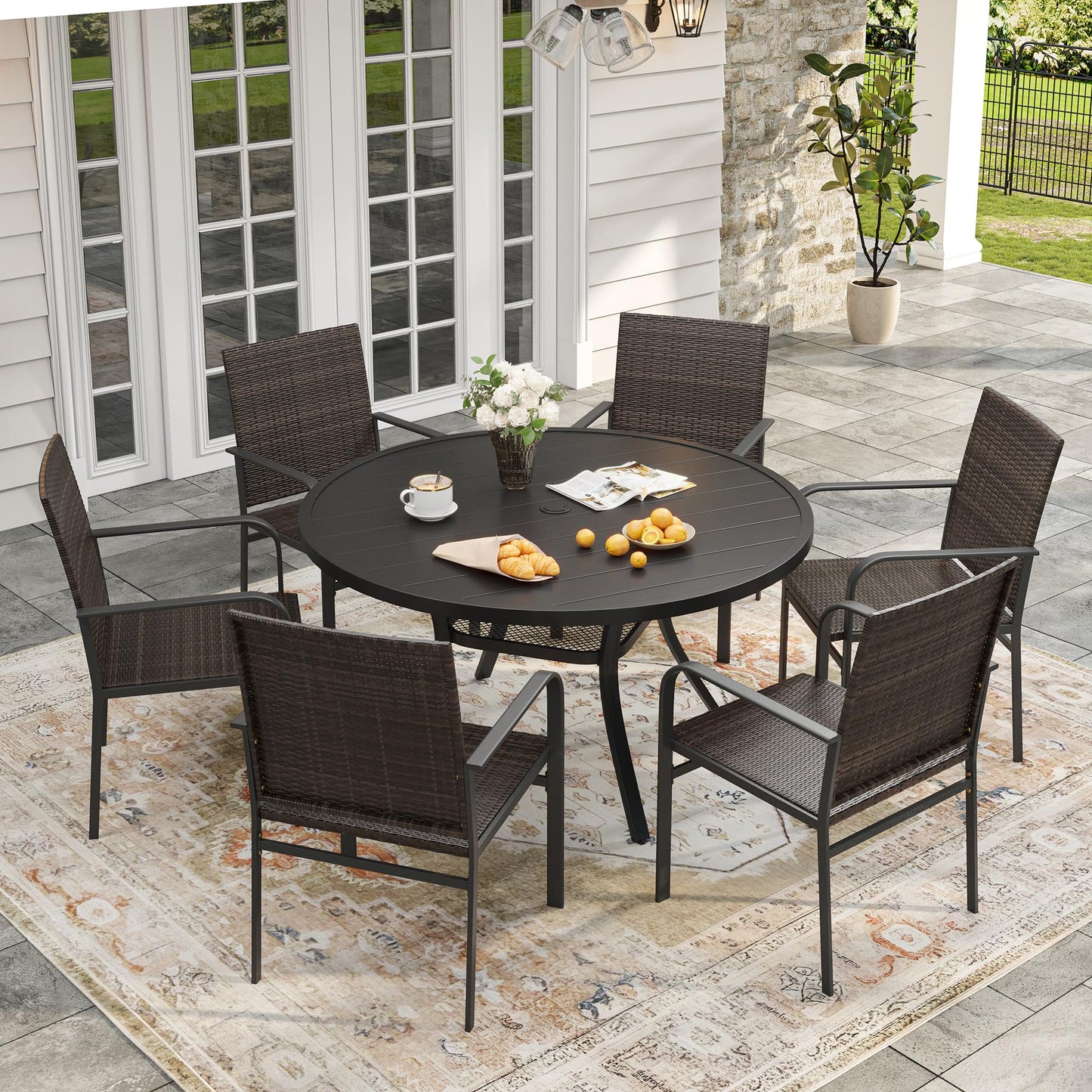 VICLLAX 7 Pieces Round Outdoor Dining Set with Rattan Patio Chairs, 47 Inch Round Patio Table, Adjustable Umbrella Hole & Storage Shelf – Patio Furniture for Backyard, Brown Wicker and Black Tabletop