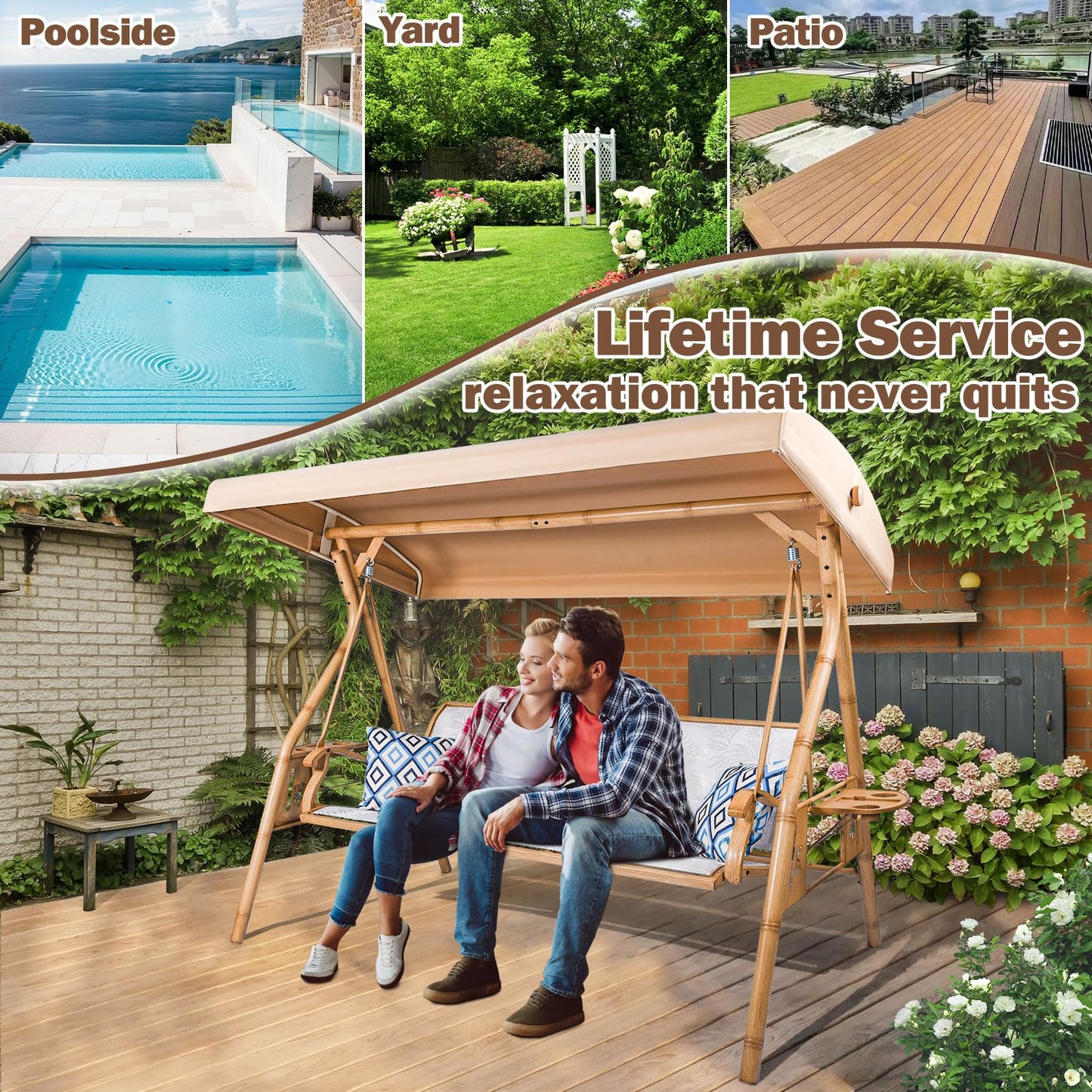 ZZW 3 Person Patio Swing Outdoor Swing for Adults with Adjustable Canopy &Upgraded Cup Holders Textilene Fabric Porch Swing Chair with Stand Heavy Duty 800 LBS