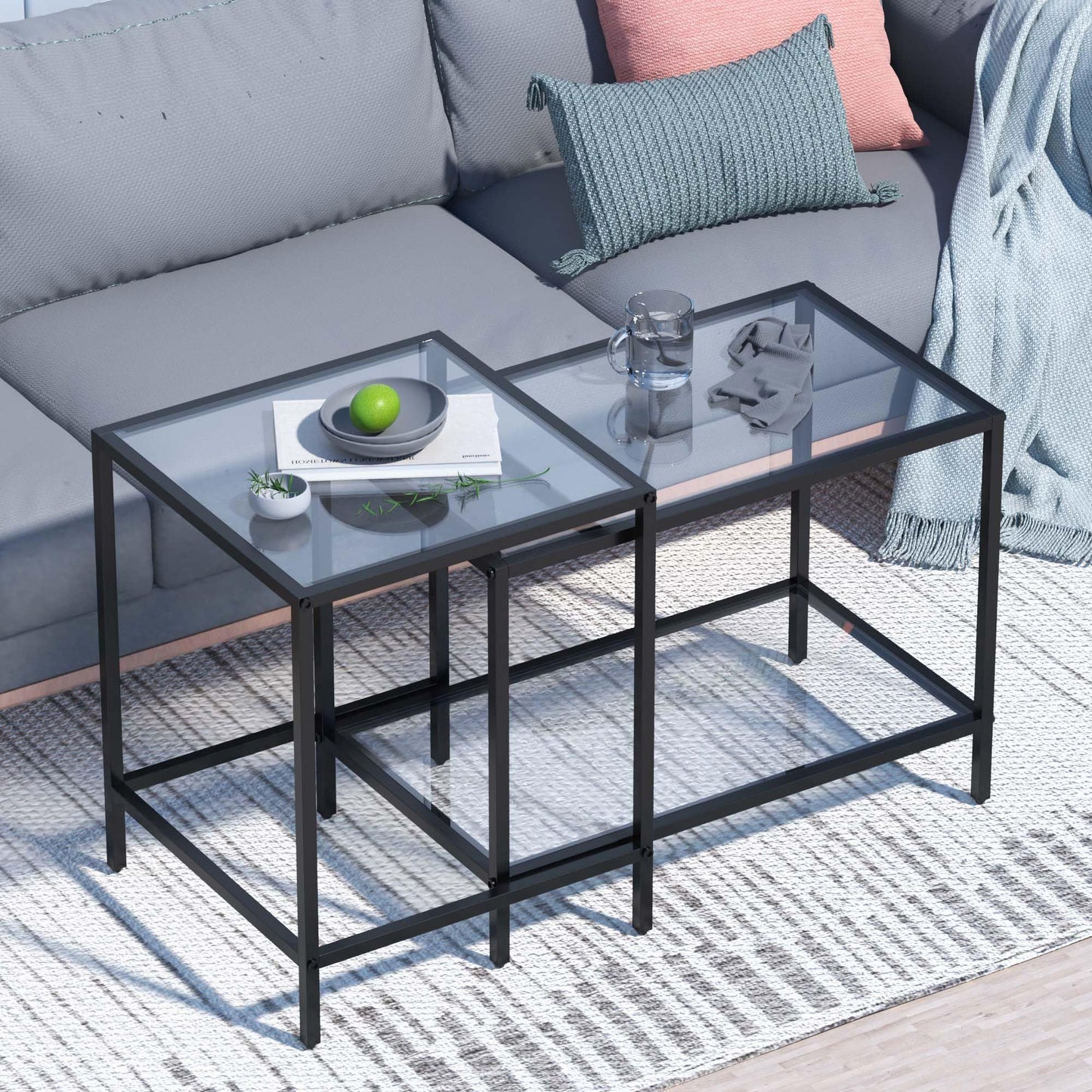 Nesting Coffee Table,Small Glass Coffee Table Set of 2,Black Modern Square Sofa Side Tea Table for Living Room,Bedroom and Small Spaces,2 Tier Tempered Glass with Sturdy Metal Frame, Easy Assembly