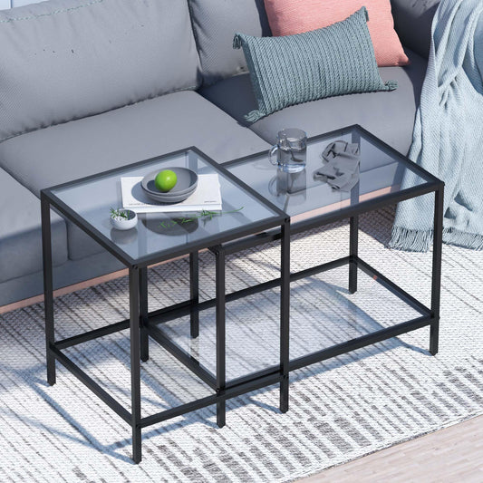 Nesting Coffee Table,Small Glass Coffee Table Set of 2,Black Modern Square Sofa Side Tea Table for Living Room,Bedroom and Small Spaces,2 Tier Tempered Glass with Sturdy Metal Frame, Easy Assembly