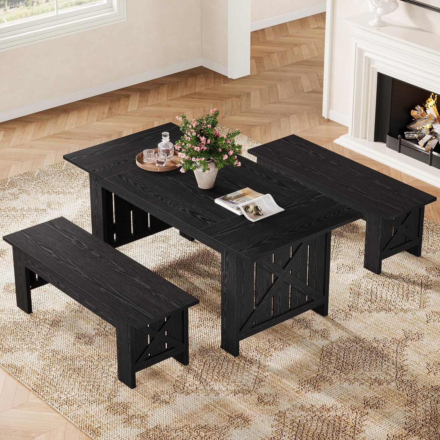 Tribesigns Farmhouse Dining Table Set for 4-6, 55-Inch Rectangle Kitchen Table with 2 Benches, 3-Piece Wooden Dinner Table for Dining Room, Kitchen, Small Space, Black