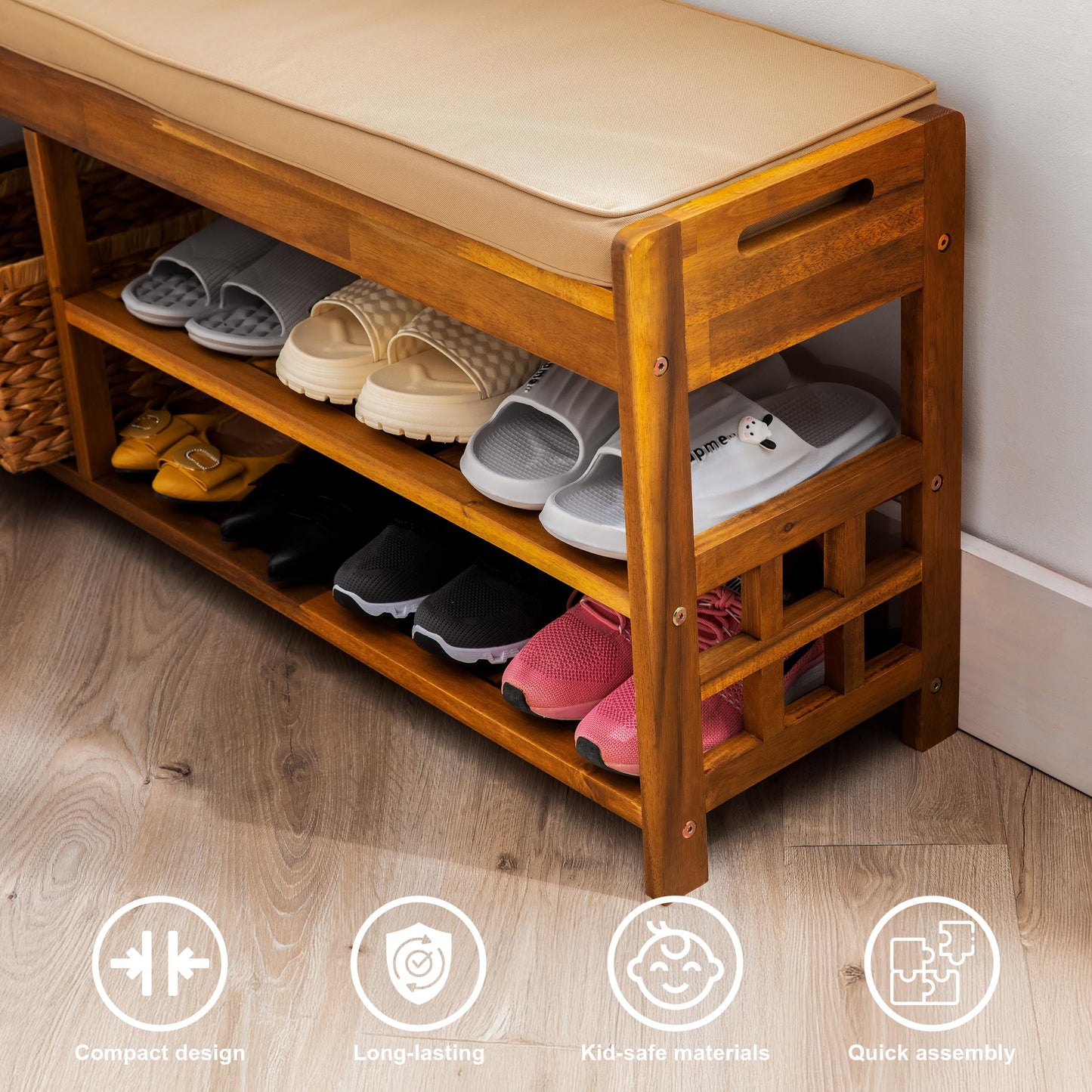 VICTORY RELAX Wooden Shoe Storage with Bench Seat - Natural Acacia Wood Entryway Organizer with Cushioned Top & Easy-Move Handles - Multi-Level Shoe Shelf (39.4 x 11.6X 19.29)