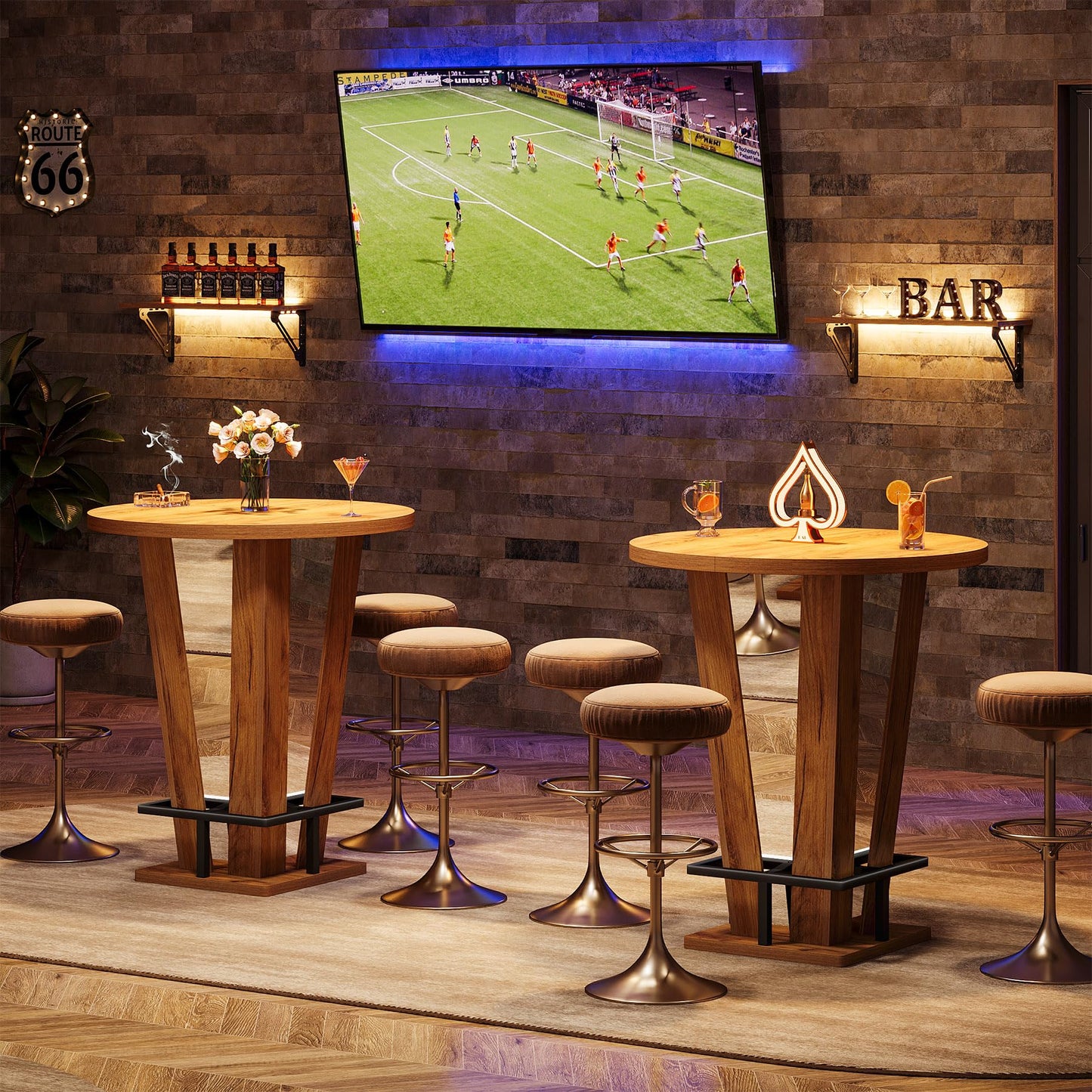 Tribesigns Round Bar Table, 39.4" H High Top Cocktail Bistro Pub Table with Metal Footrest for Living Room, Small Space (Only Table) (Brown)