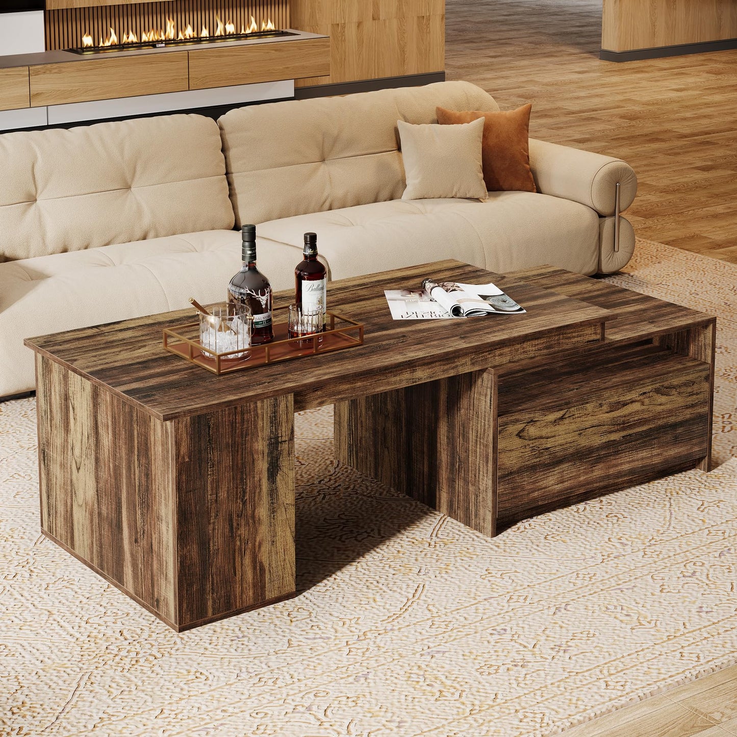 Tribesigns Extendable Coffee Table, 47"-70" Length Wooden Center Table with Drawer, Reversible Farmhouse Cocktail Table with Storage for Living Room, Rustic Brown