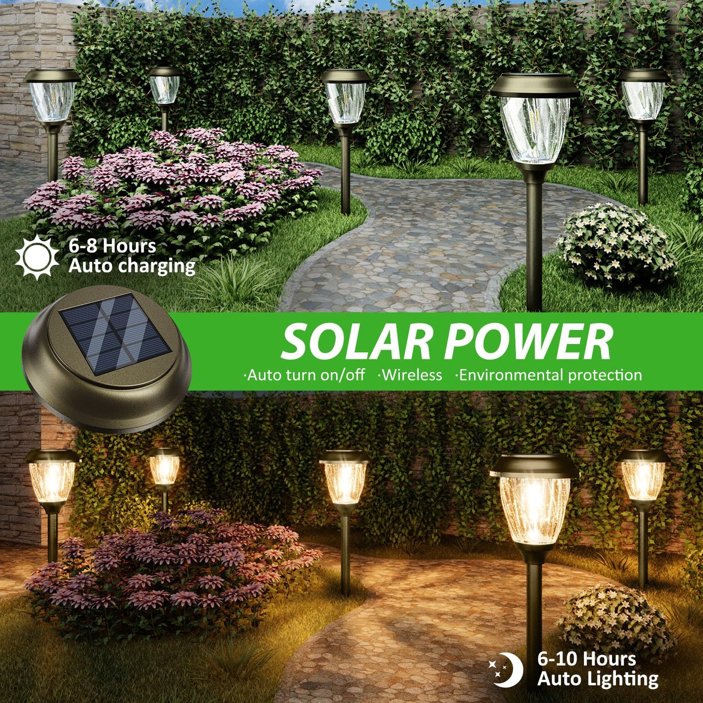 XMCOSY+ Solar Pathway Lights Outdoor, 10/25 LM in 2 Lighting Modes, Glass Stainless Steel Waterproof Outside Solar Powered Garden LED Lights for Yard Lawn Driveway Walkway Landscape Decor(Warm White)