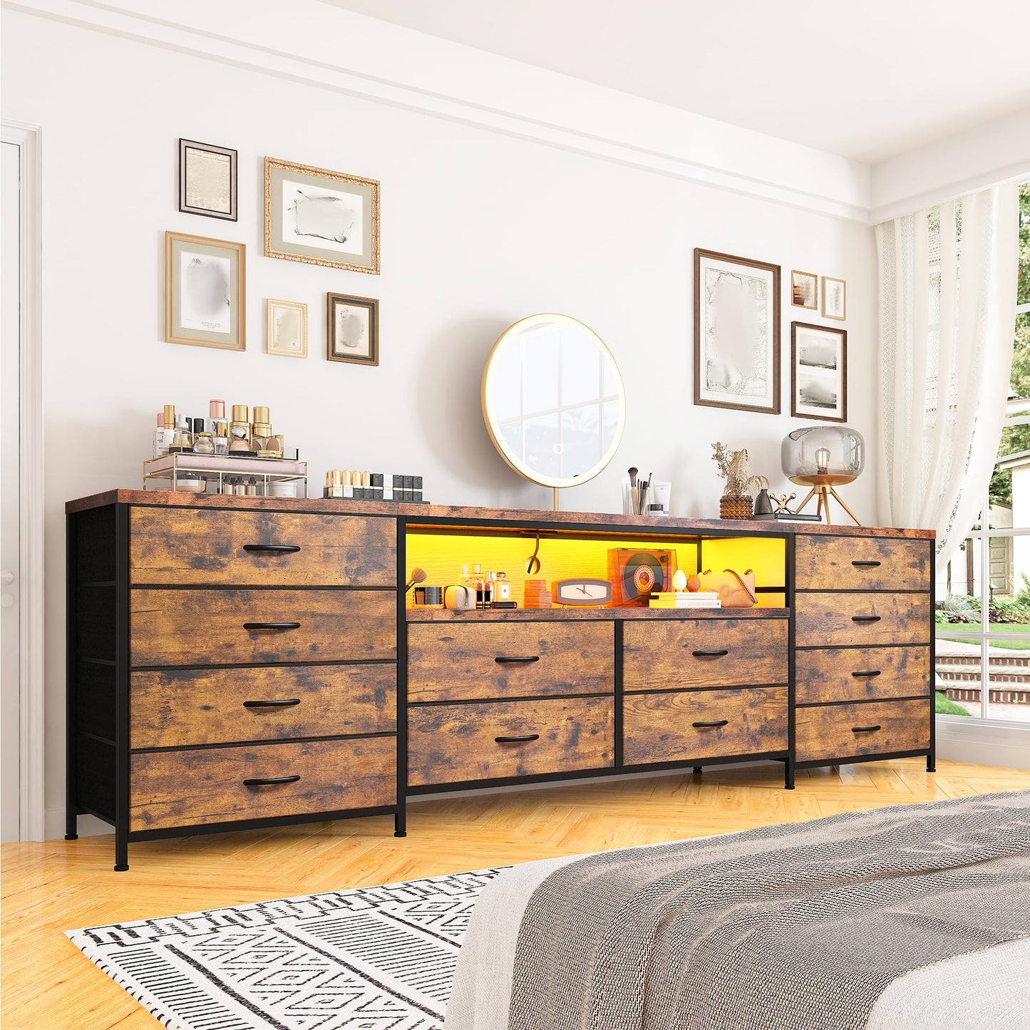12 Drawer Dresser TV Stand for 65 70 75 Inch TV 63" W Extra Long Dresser for Bedroom with LED Lights & Power Outlets Entertainment Center with Fabric Drawers for Closet, Rustic Brown