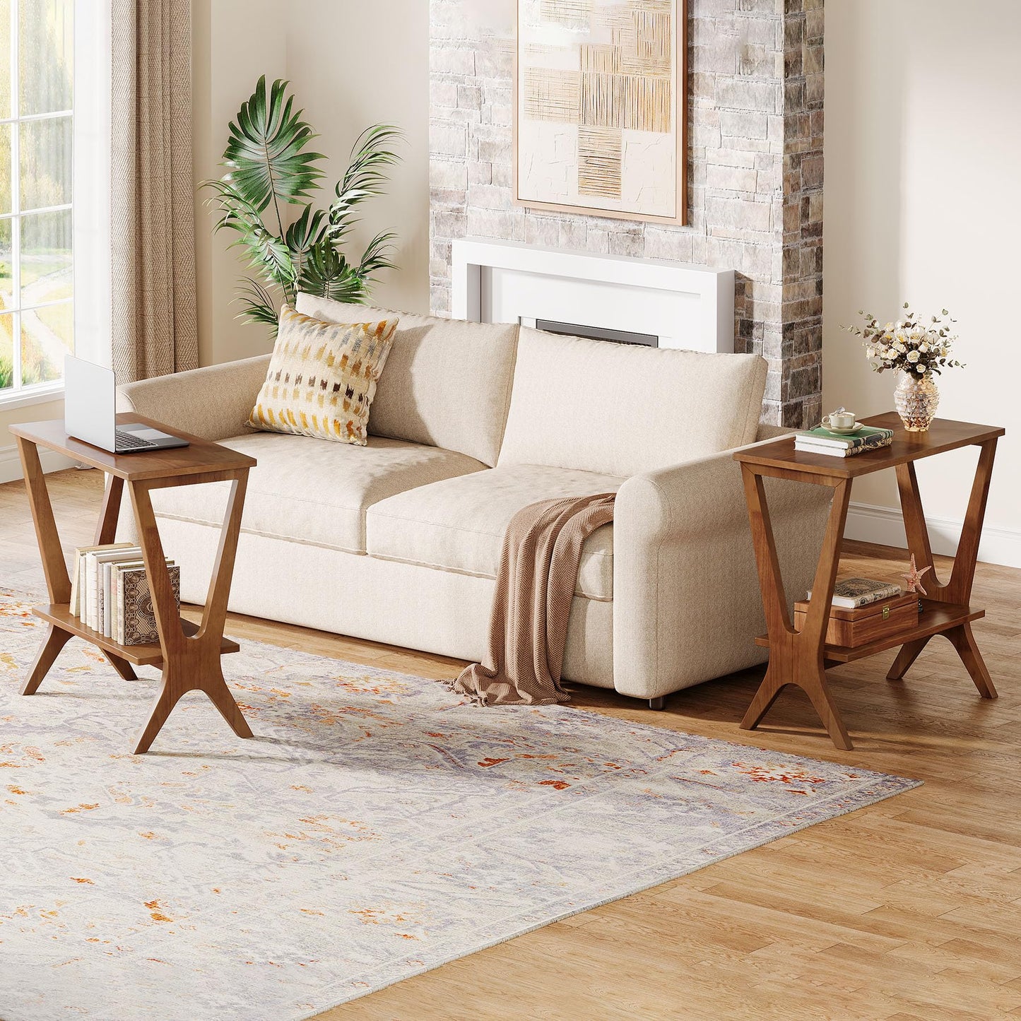 TRIBEWOOD Solid Wood End Table Set of 2, 2-Tier Storage Shelves Sofa Couch Side Table with Sturdy Legs, Wooden Narrow Retro Nightstand for Small Spaces, Bedroom, Living Room, Apartment, Vintage Brown