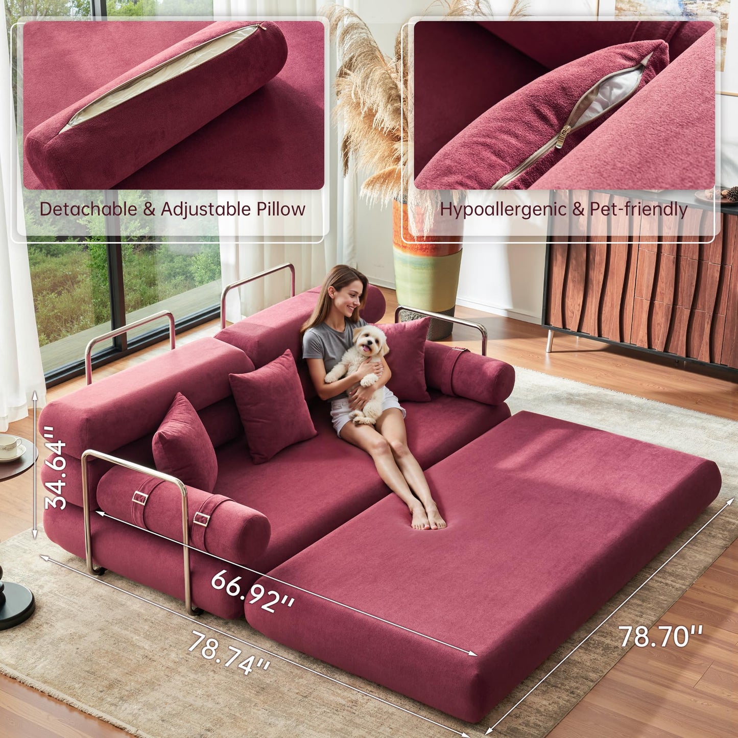 YINIX Convertible Sleeper Sofa - 35'' High-Back Floor Couch Bed - Folding Sofa Bed with Rounded Arm Supports - Floor Sofa Lounge Sofa Bed for Living Room Bedroom - Wine Red