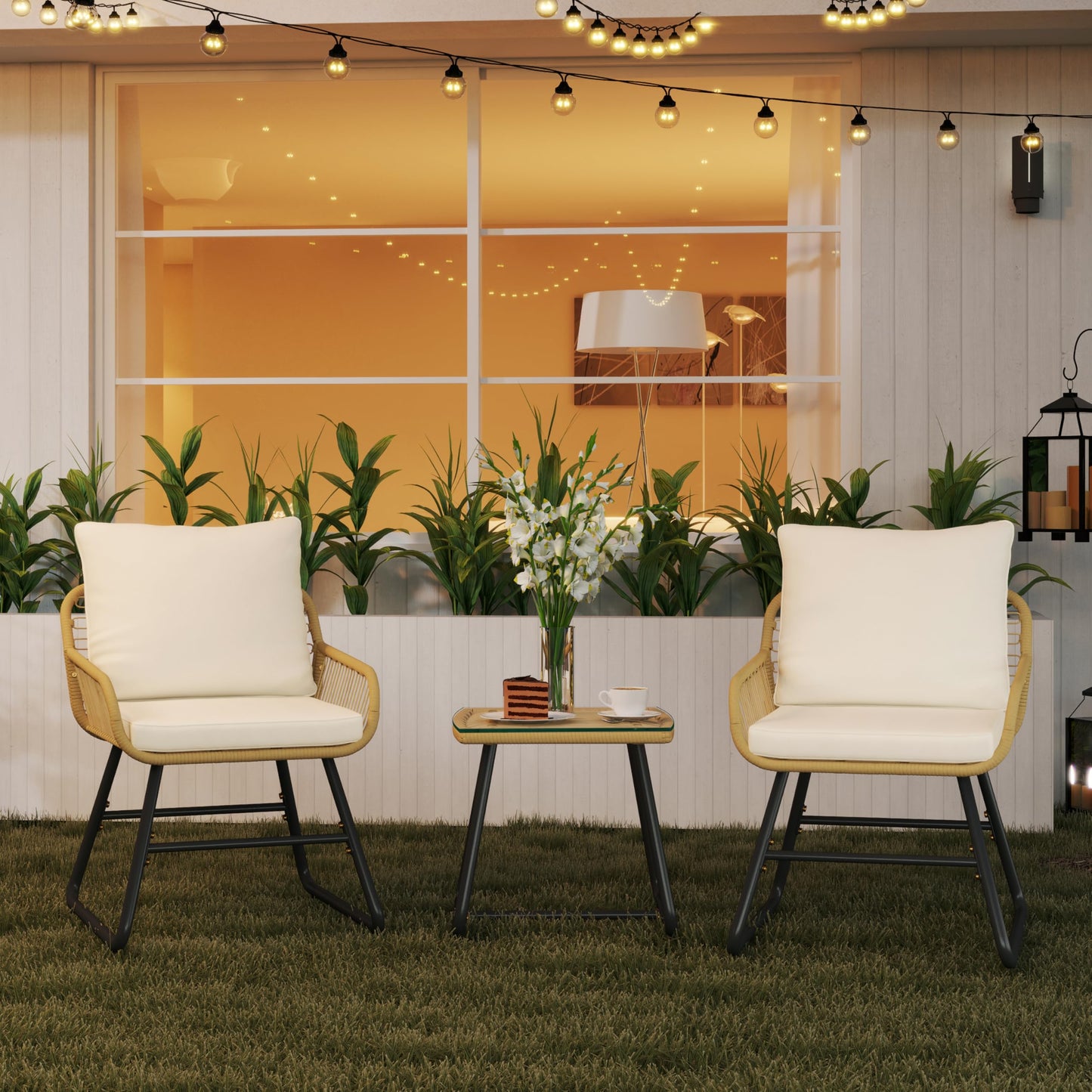 Yaheetech 3 Piece Patio Bistro Set Outdoor Wicker Bistro Furniture Sets, 2 Rattan Chairs and Glass Top Table for Patio, Balcony, Porch, Poolside, Backyard - Tan/Cream