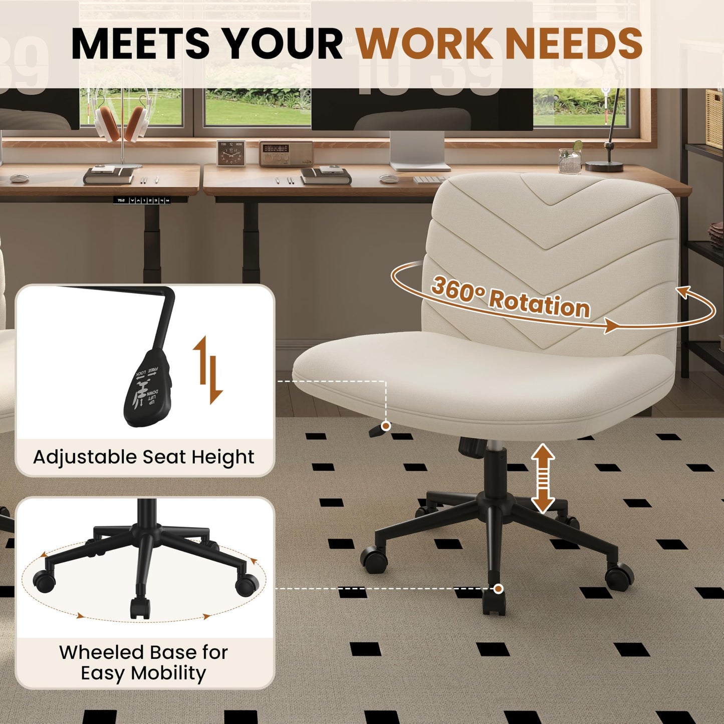 Yaheetech Wide Criss Cross Chair with Wheels, Comfy Armless Cross Legged Office Desk Chairs, Swivel Vanity Chair Computer Chairs for Home Office, Beige