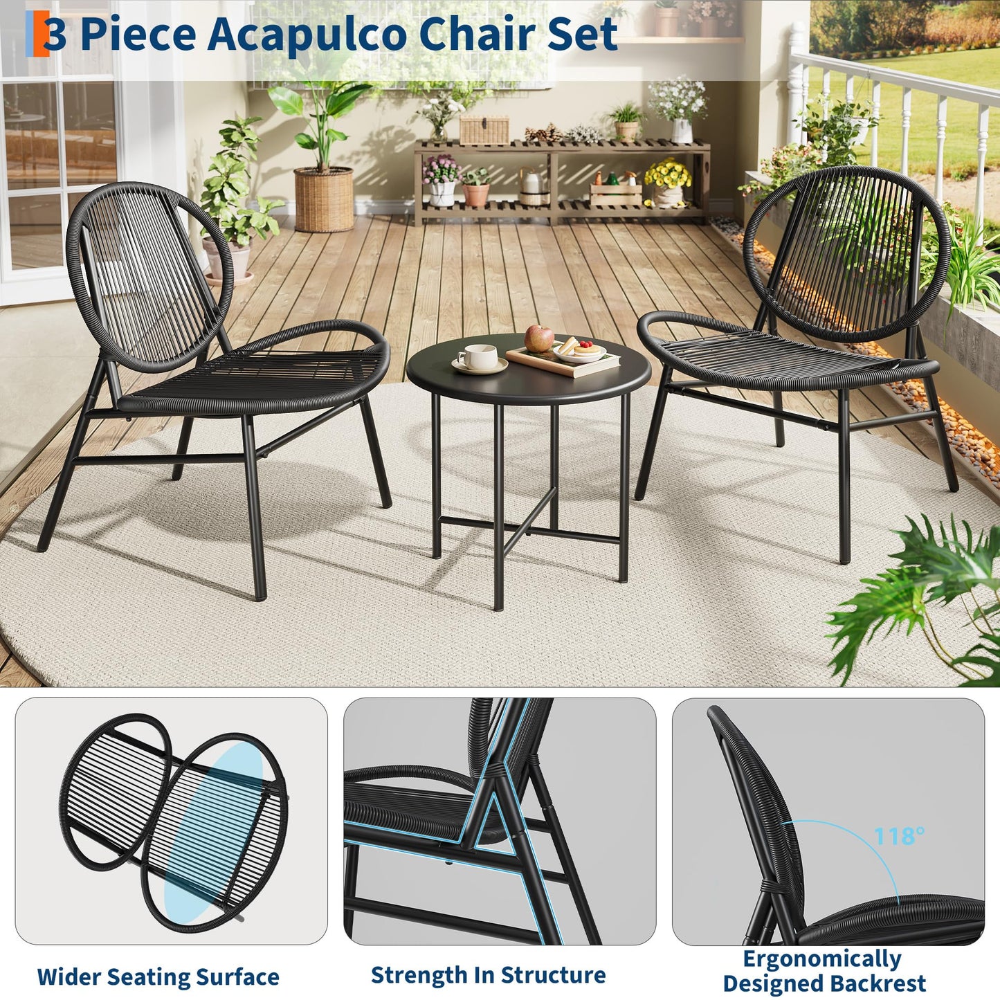 3 Piece Patio Bistro Set, Outdoor Seating Acapulco Chairs, All Weather Modern Patio Chairs Set of 2 with Side Table, Small Patio Conversation Bistro Set for Garden, Backyard, Balcony, Porch, Black