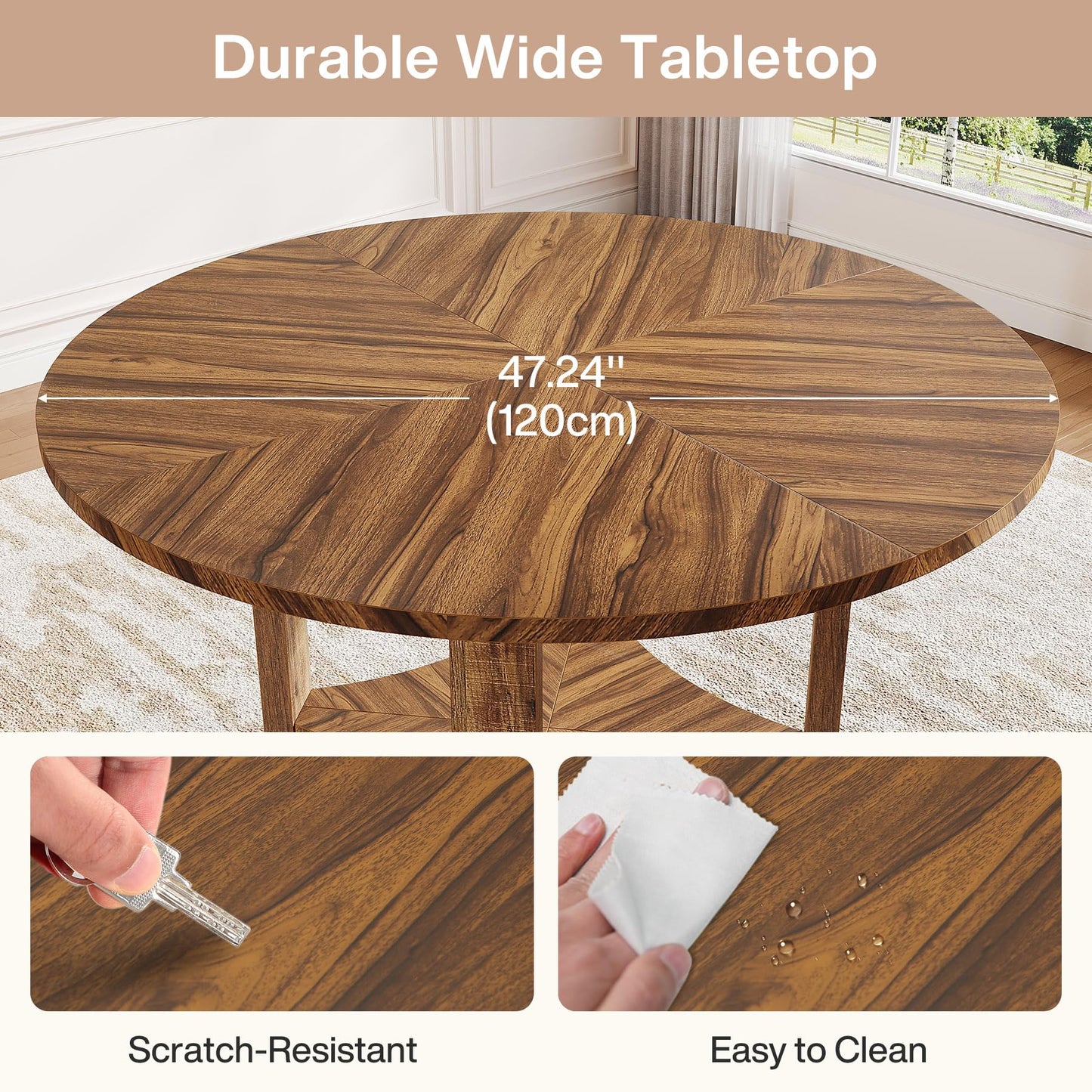 Tribesigns 47-Inch Round Dining Table for 4, Farmhouse Kitchen Table with Storage Shelf, Wooden Circle Dinner Table for Dining Room, Living Room, Small Spaces (Walnut)