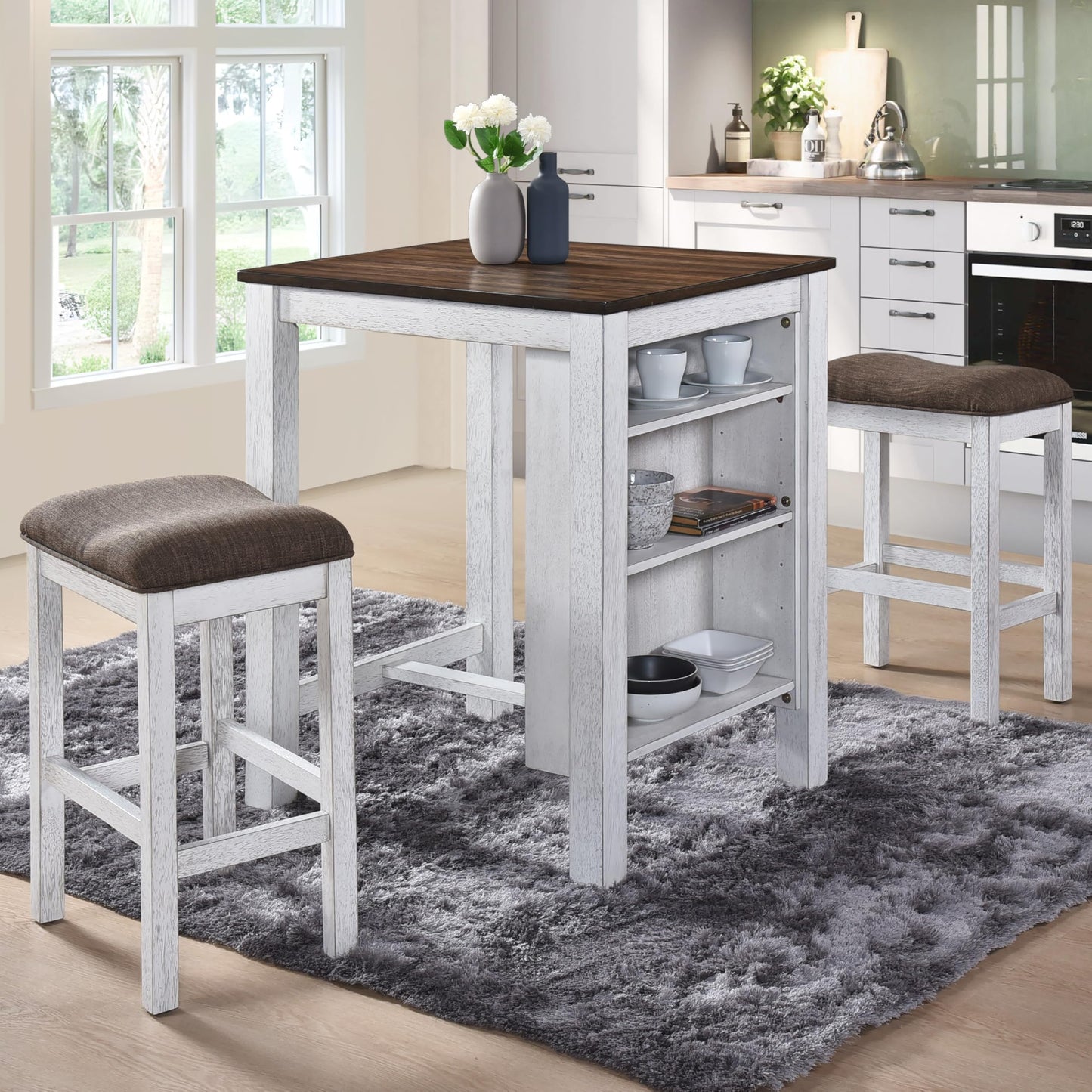 WOODHOMER 3-Piece Wooden Dining Table Set, Kitchen Island with Seating for 2, Kitchen Bar Table with Stools, Counter Height Dining Table Set, Antique Dark Oak & White, Farmhouse Style