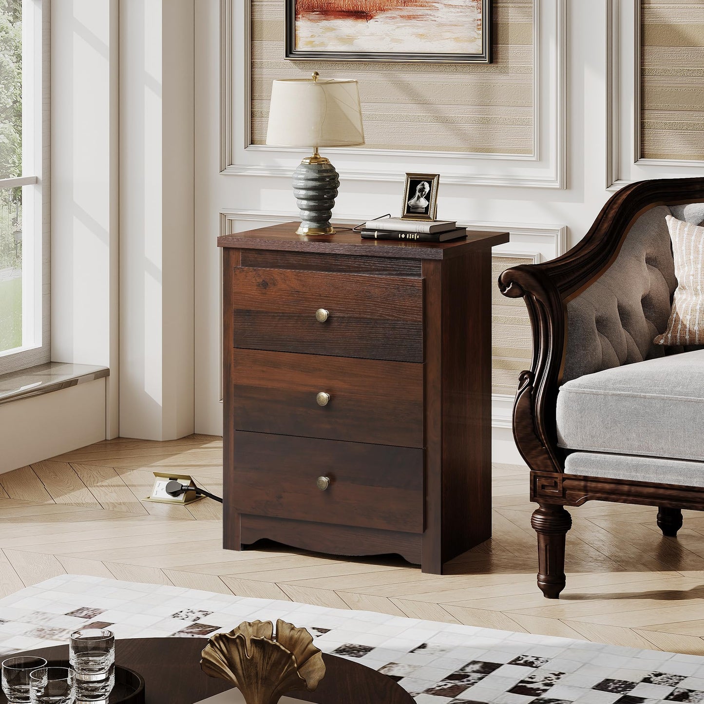 WLIVE Tall Nightstand with Charging Station, Wood Nightstand with 3 Drawers, Bedside Tables Bedroom, Dorm, End Table with 2 USB Ports and 2 AC Outlets, Bedside Table, Espresso