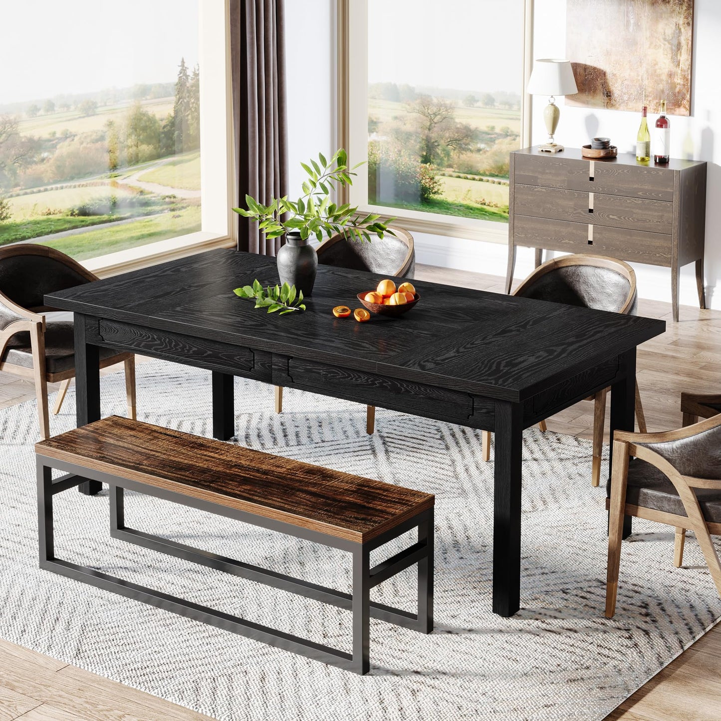 Tribesigns 63-inch Farmhouse Dining Table for 4-6, Rectangular Dining Room Table with Sturdy Legs, Modern Kitchen Dinner Table for Dining Room, Living Room, Kitchen (Black)