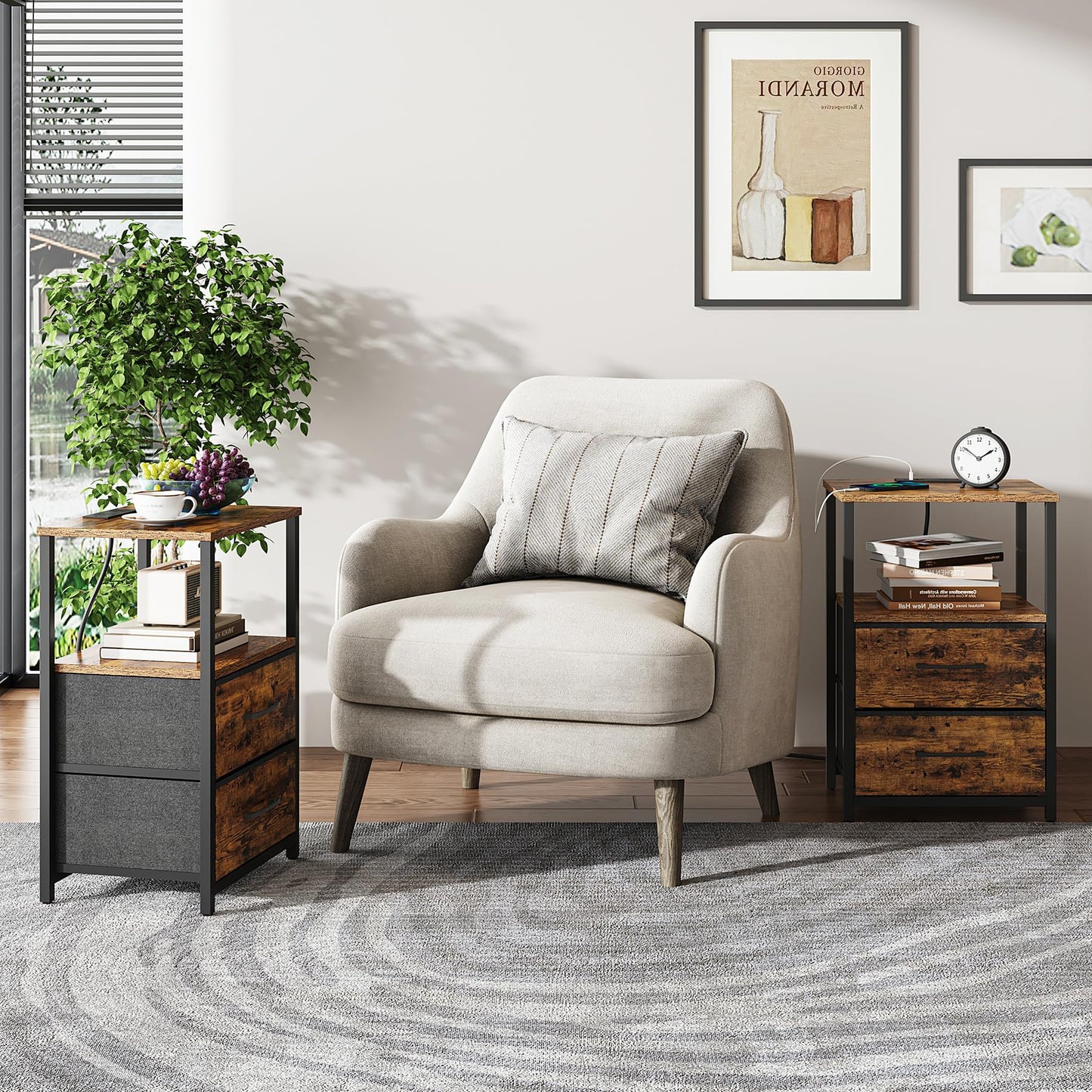 TUTOTAK End Table with Charging Station, Side Table with 2 USB Ports and Outlets, Nightstand with Cloth Drawer, Set of 2, Couch Table, Brown TB01BB052