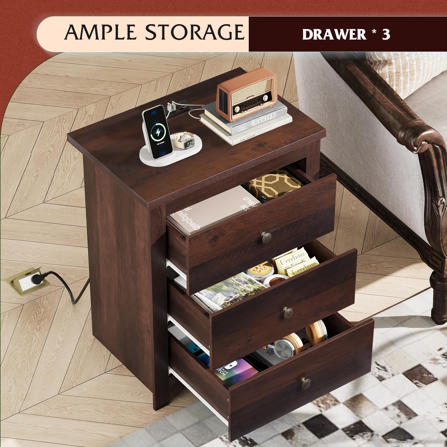 WLIVE Tall Nightstand with Charging Station, Wood Nightstand with 3 Drawers, Bedside Tables Bedroom, Dorm, End Table with 2 USB Ports and 2 AC Outlets, Bedside Table, Espresso