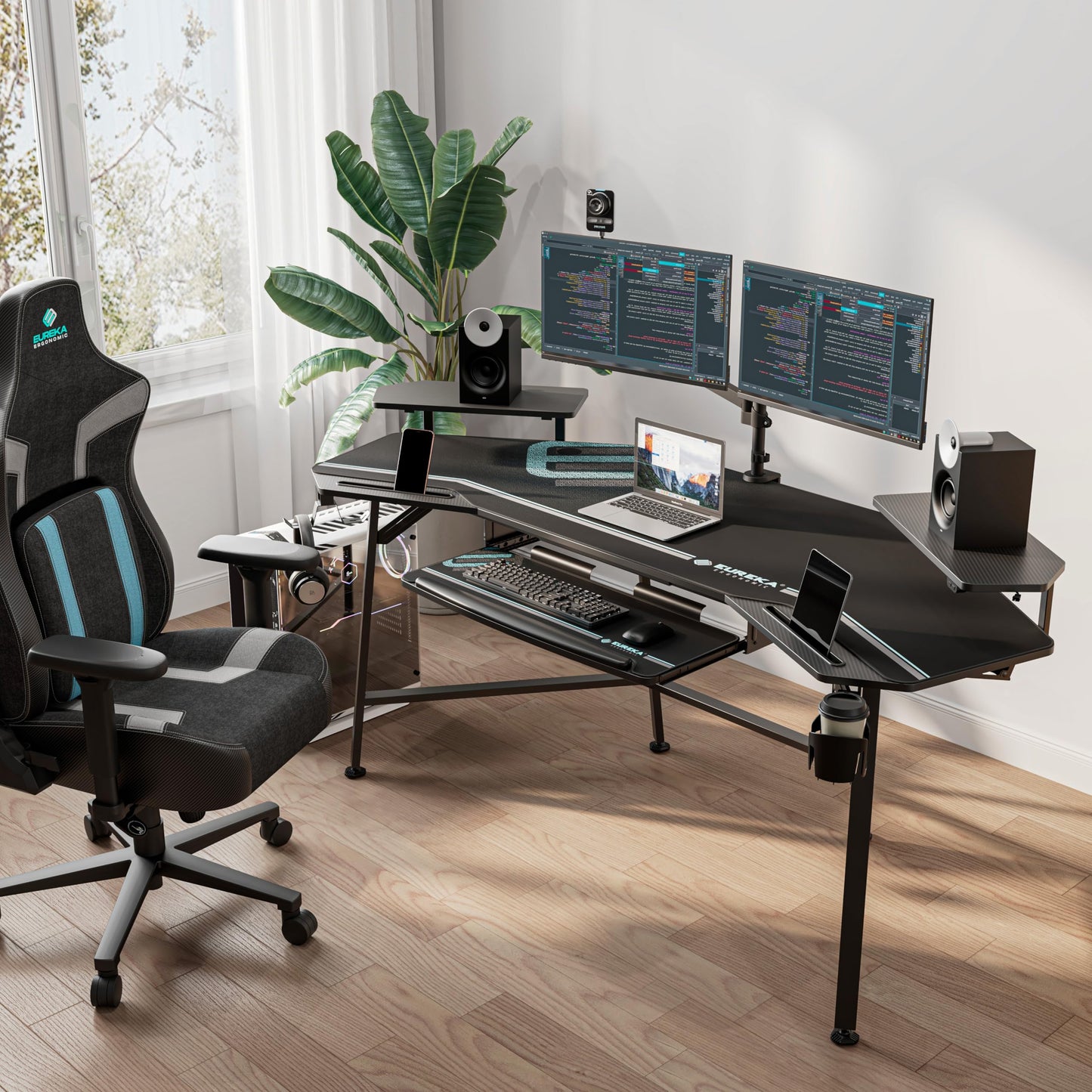 EUREKA ERGONOMIC Aero Gaming Desk with Led Lights, 72" Large Wing-Shaped Studio Desk W Keyboard Tray Monitor Stand Dual Headphone Hanger Cup Holder for Live, Streamer