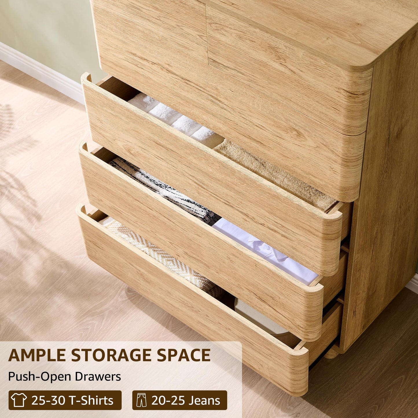 ACCOHOHO 6 Drawer Dresser for Bedroom, 42 Inch Tall Modern Chest of Drawers, Push-to-Open Wood Storgae Organizer with Large Drawers for Bedroom, Living Room, Hallway, Natural Oak