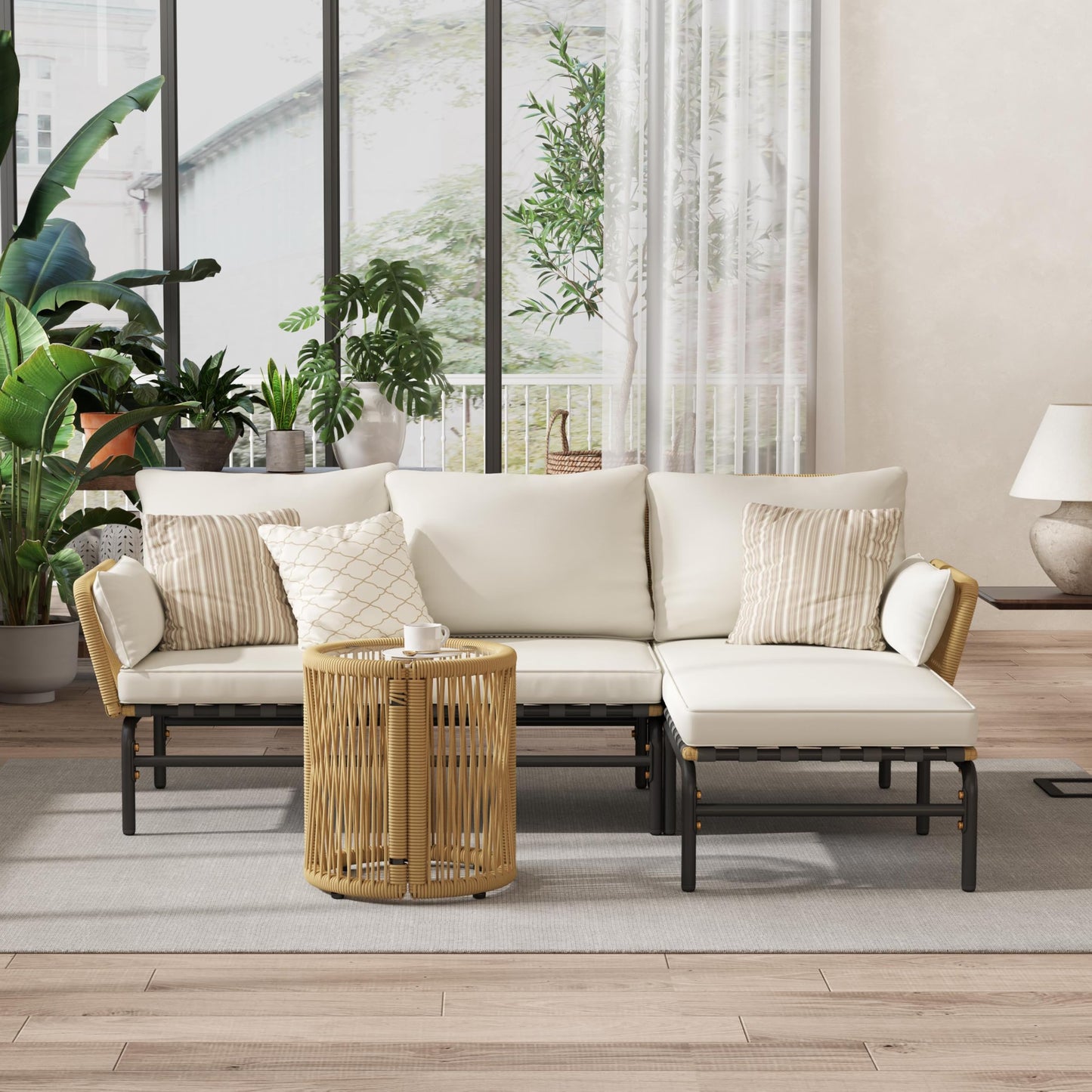 Yaheetech 3 Pieces L-Shaped Conversation Sofa Set, Outdoor Patio Furniture Set w/Detachable Lounger, Thick Cushions, Glass Side Table for Patio, Backyard, Porch, Garden