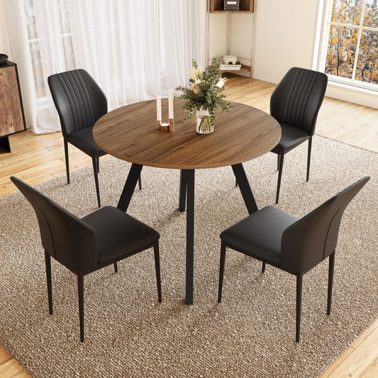 Zerifevni 34.6'' Round Dining Table and Chairs for 4 Space Saving for Apartment Kitchen Dining Room (Walnut Table+4 Black Chairs)