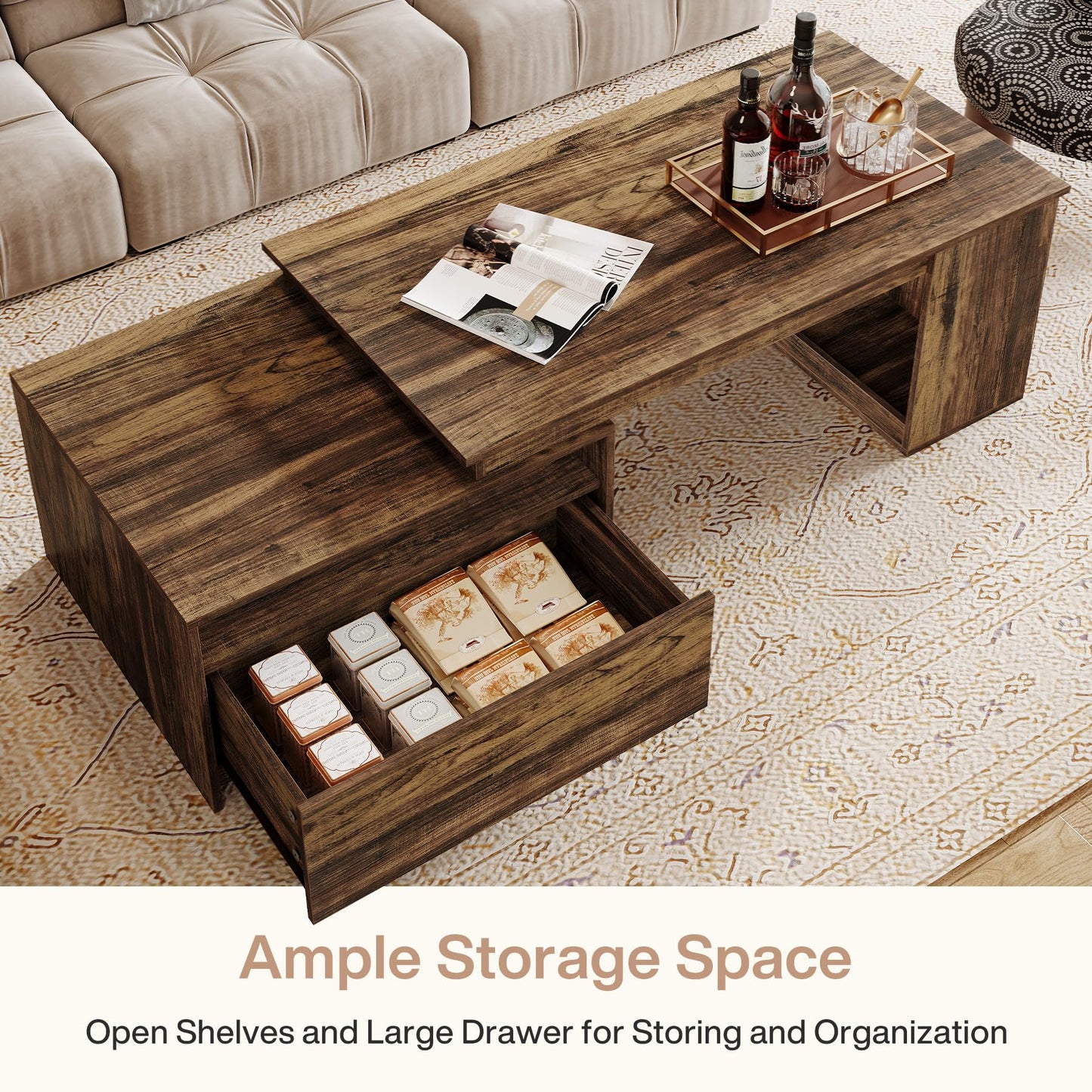 Tribesigns Extendable Coffee Table, 47"-70" Length Wooden Center Table with Drawer, Reversible Farmhouse Cocktail Table with Storage for Living Room, Rustic Brown