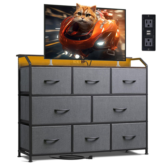 WLIVE Dresser TV Stand with Power Outlets, Led Dresser for Bedroom, Fabric Chest of Drawers with Double Open Shelves, Wood Top, Steel Frame, 6 Drawer Dressers for Closet, Living Room, Dark Grey