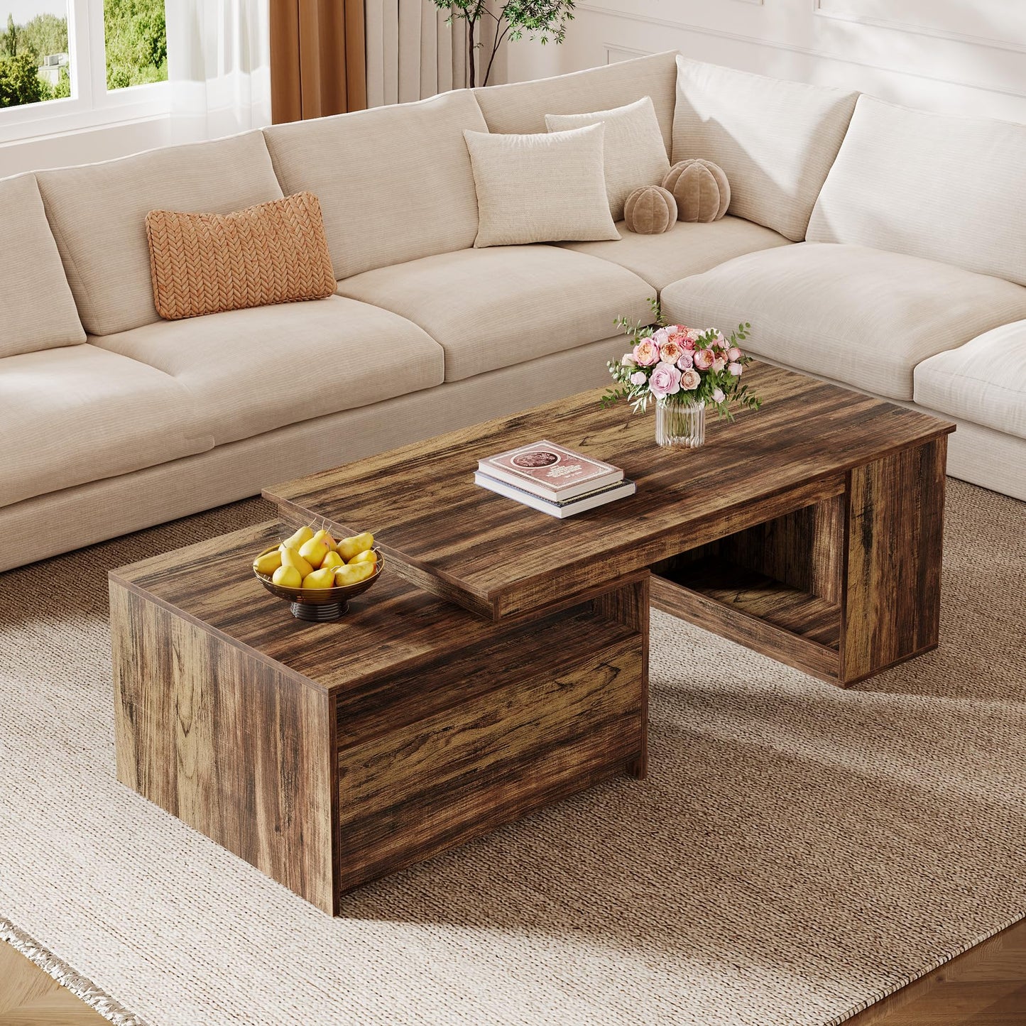 Tribesigns Extendable Coffee Table, 47"-70" Length Wooden Center Table with Drawer, Reversible Farmhouse Cocktail Table with Storage for Living Room, Rustic Brown