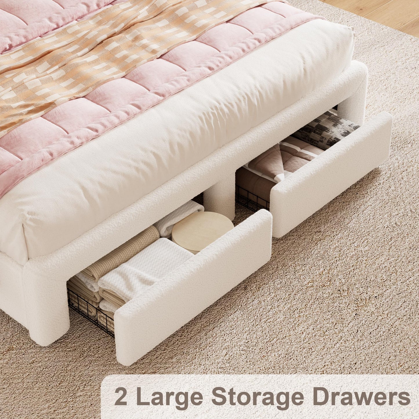 VINTLJUS Queen LED Bed Frame with Storage Headboard & Charging Station, Kids Bed Frames with Bookcase, Teddy Fleece Upholstered Platform Bed Frames with 2 Storage Drawers, No Box Spring Needed, Beige