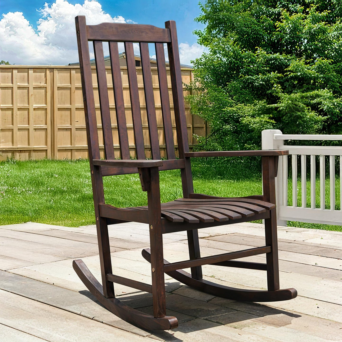 Tranquillo Oasis Wooden Rocking Chair for Patio, Porch, or Indoor Use – Classic Acacia Wood Rocker with Sturdy Frame, Comfortable Slatted Seat, Smooth Rocking Motion – Farmhouse Outdoor Chair