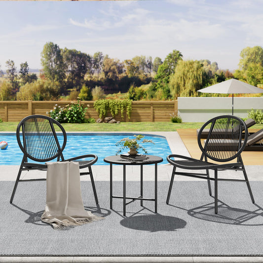 3 Piece Patio Bistro Set, Outdoor Seating Acapulco Chairs, All Weather Modern Patio Chairs Set of 2 with Side Table, Small Patio Conversation Bistro Set for Garden, Backyard, Balcony, Porch, Black