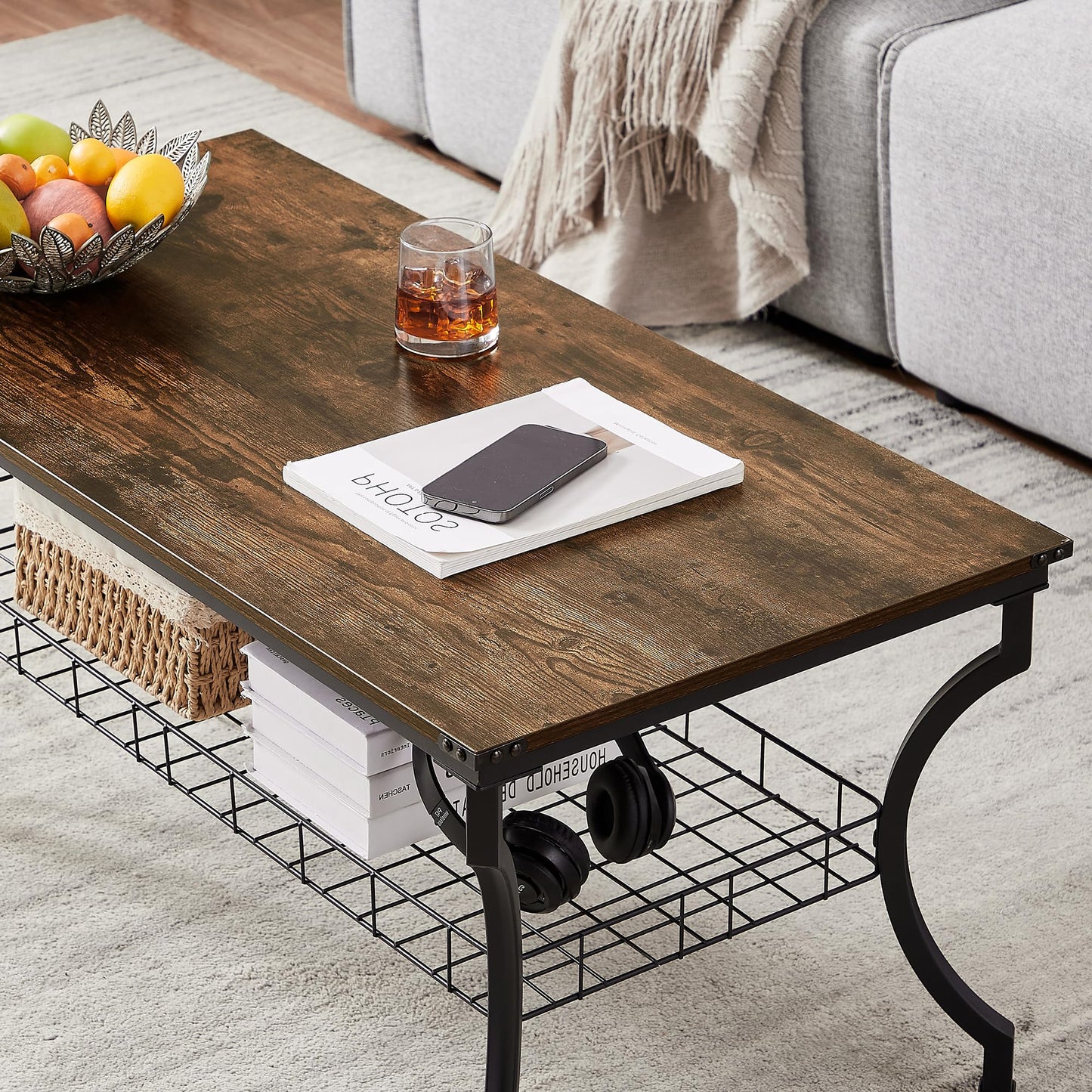 VECELO 3 Pieces Living Room Table Sets, Coffee and End Tables with Open Storage Shelves for Apartment, Home Office, Small Space, Easy Assembly, Brown