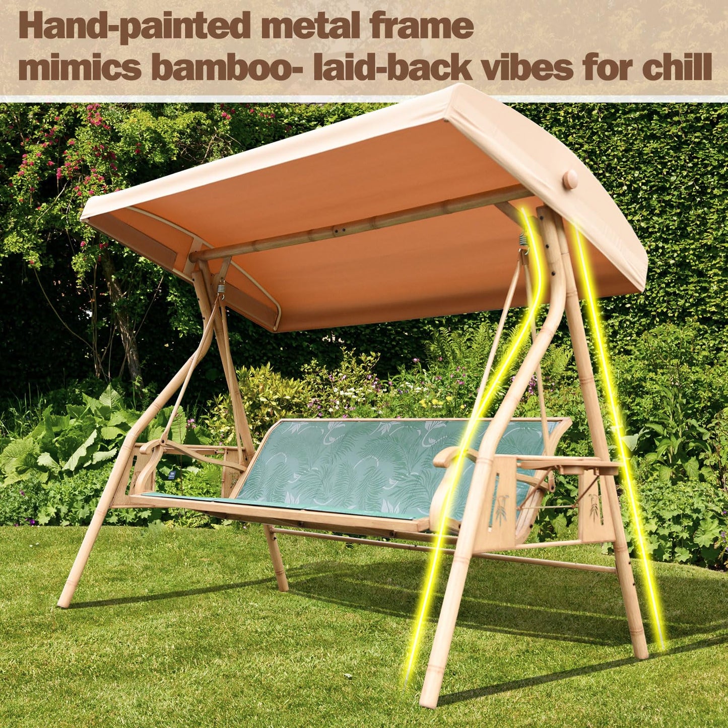 ZZW 3 Person Patio Swing Outdoor Swing for Adults with Adjustable Canopy &Upgraded Cup Holders Textilene Fabric Porch Swing Chair with Stand Heavy Duty 800 LBS