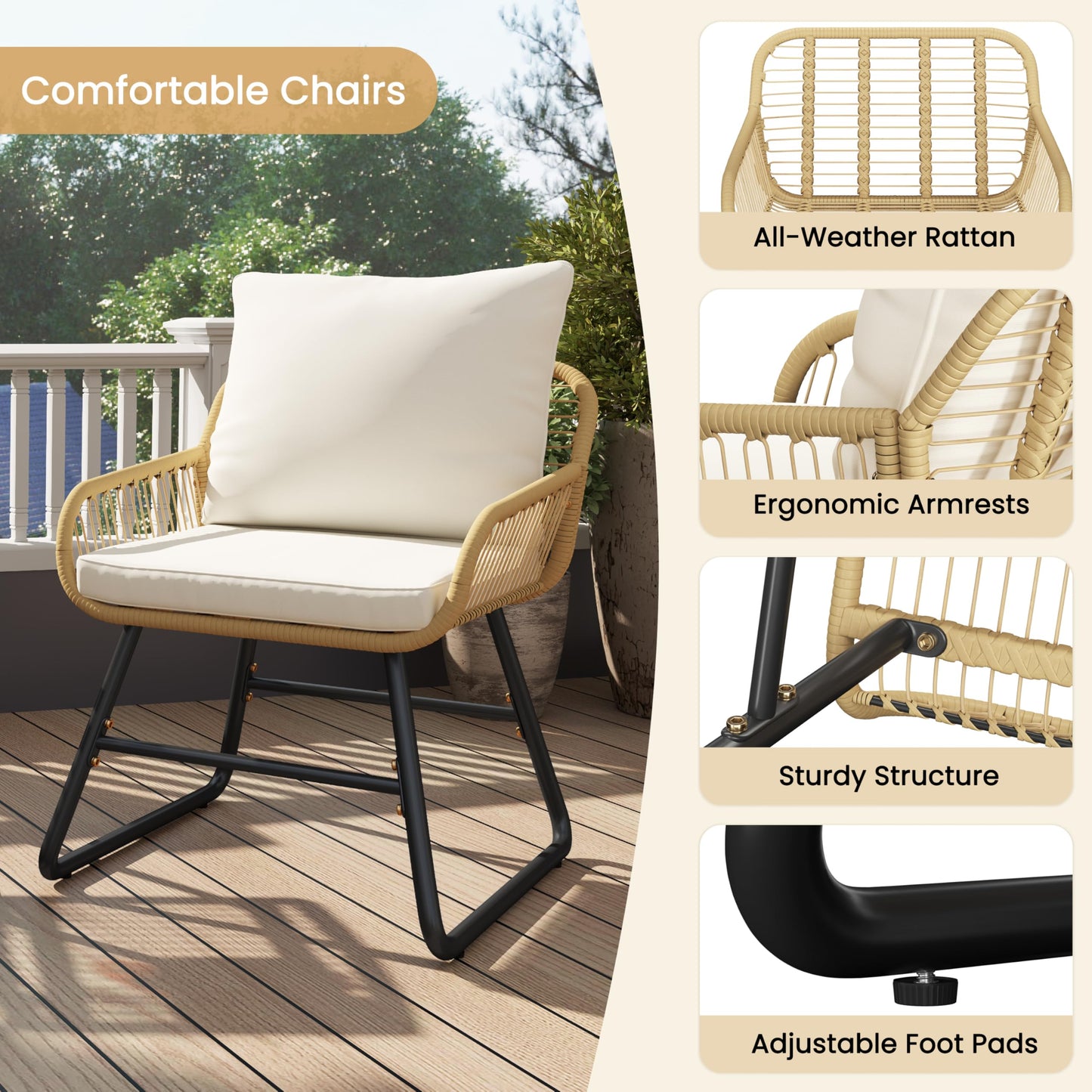 Yaheetech 3 Piece Patio Bistro Set Outdoor Wicker Bistro Furniture Sets, 2 Rattan Chairs and Glass Top Table for Patio, Balcony, Porch, Poolside, Backyard - Tan/Cream