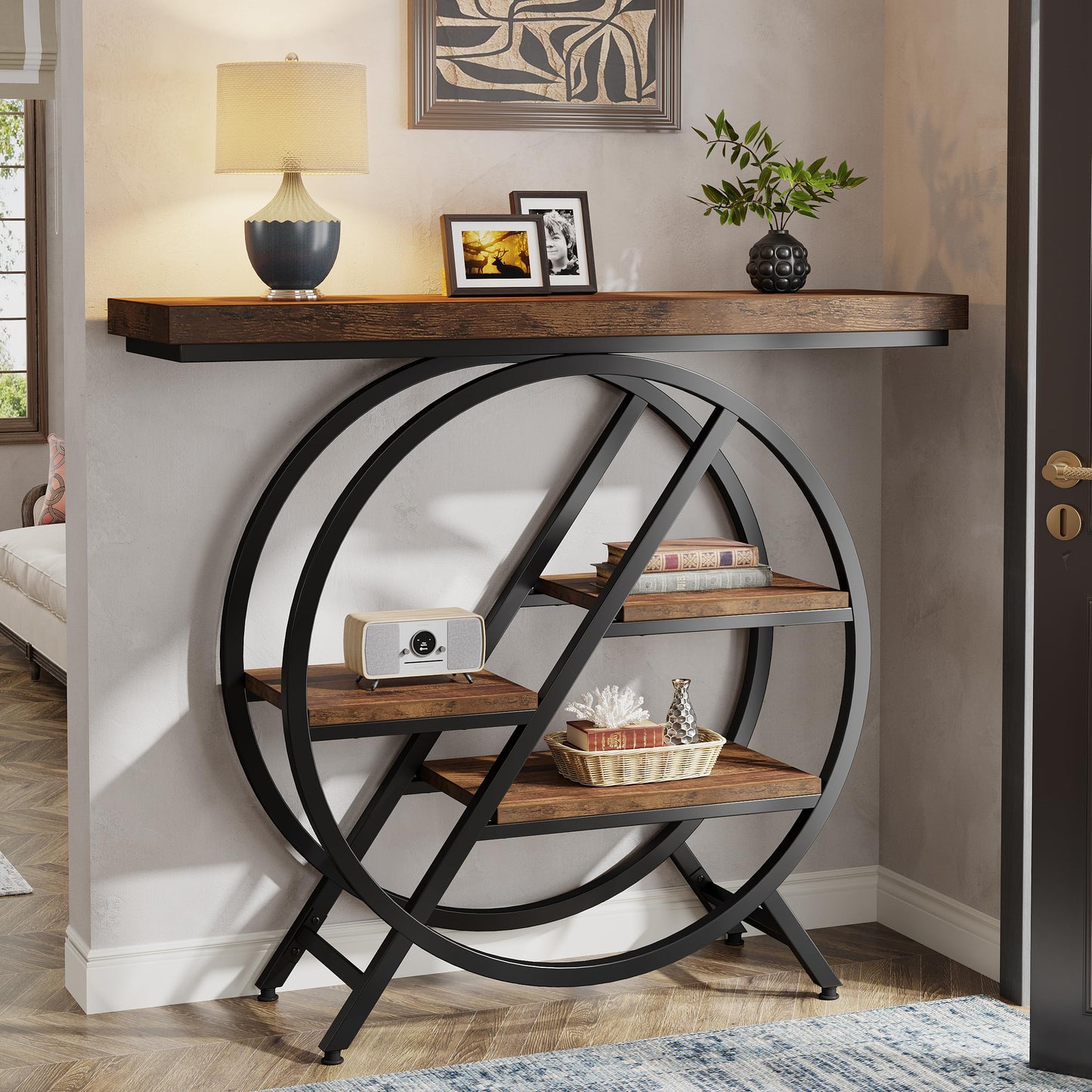Tribesigns Console Table, 40-Inch Entryway Table with Storage Shelves, 4-Tier Industrial Hallway Sofa Table with Geometric Metal Frame, Accent Table for Living Room, Entryway, Rustic Brown