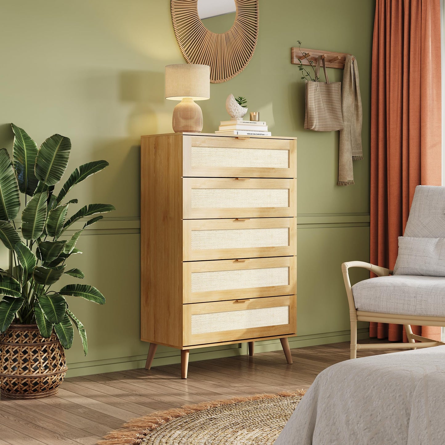 WLIVE Rattan Dresser for Bedroom, 5 Drawer Wood Boho Dresser Storage with Gold Metal Handle, Chest of Drawers for Living Room, Closet, Hallway, Light Oak