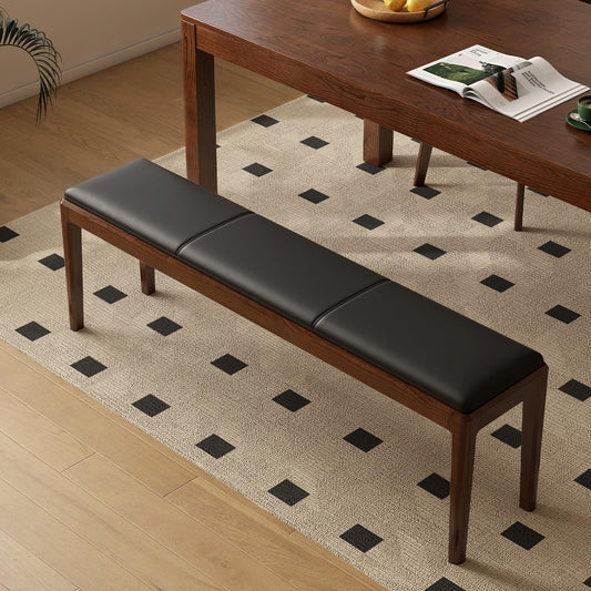 Wayshome 55.1'' Leather Upholstered Dining Bench with 100% Solid Oak Wood Bench Frame, 13.8'' Widened Padded Bed End Bench Ottoman for Kitchen Living Room Bedroom Entryway, Black
