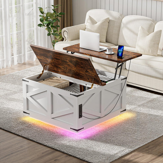 Ztexkee Lift Top Coffee Table with Storage, Farmhouse Coffee Table with Socket and LED Light 31.5" Square Center Table with Large Hidden Storage Compartment for Living Room, Bedroom Brown White