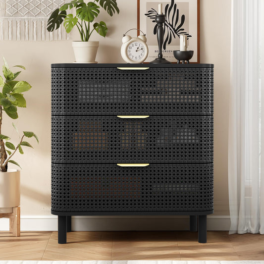 YZRSTY 3 Drawer Dresser for Bedroom, Modern Iron Closet Dressers Chest of Drawers, Boho Rattan Wide Dresser Nightstand with Storage Drawers for Living Room, Dressing Room, Entryway, Hallway