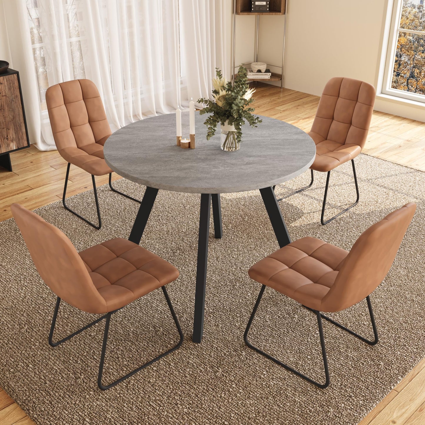 Zerifevni 34.6'' Dining Table and Chairs for 4, Mid Century Modern Round Table Set, Space Saving for Apartment Kitchen Dining Room (Grey Table+4 U-Shaped Brown Chairs)