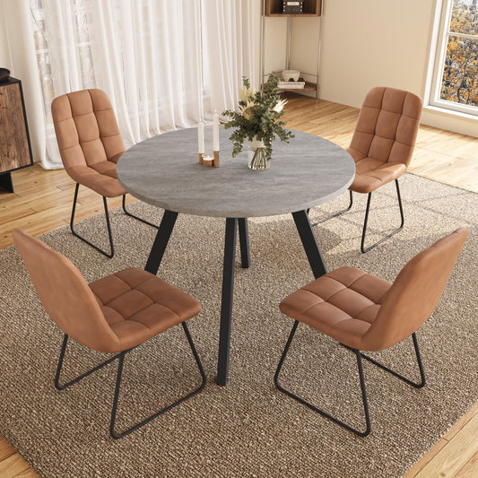 Zerifevni 34.6'' Dining Table and Chairs for 4, Mid Century Modern Round Table Set, Space Saving for Apartment Kitchen Dining Room (Grey Table+4 U-Shaped Brown Chairs)