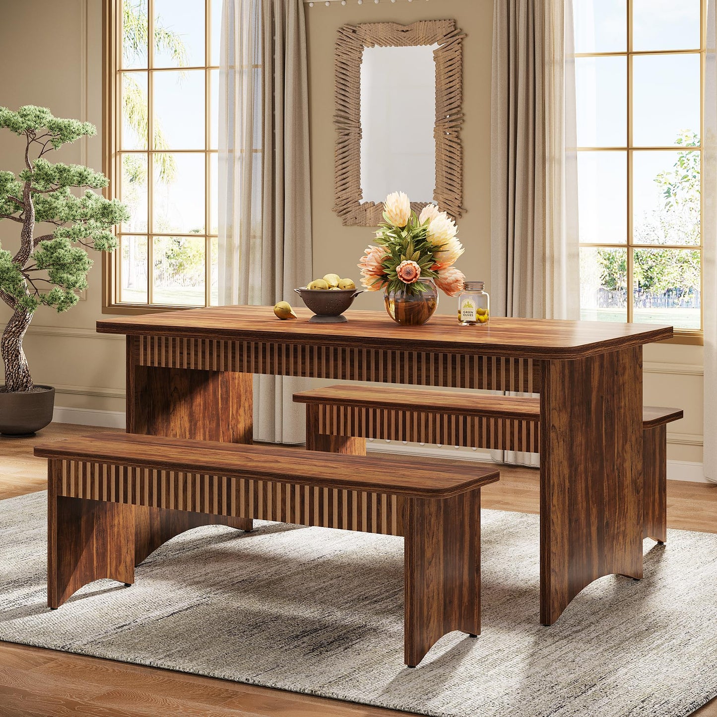 Tribesigns 3-Piece Dining Table Set, 55" Dining Room Table with 2 Benches for 4-6 People, Kitchen, Dining Room, Rustic Brown