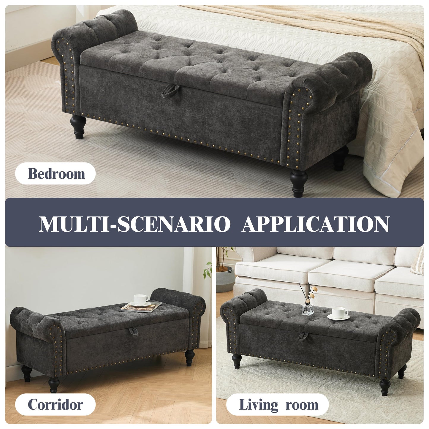 51" Bedroom Storage Bench, End of Bed Bench with Storage, Chenille Upholstered Benches, Ottoman with storage, Window Benches with Rolled Arm and Nailhead Trim for Living Room, Entryway, Dark Gray