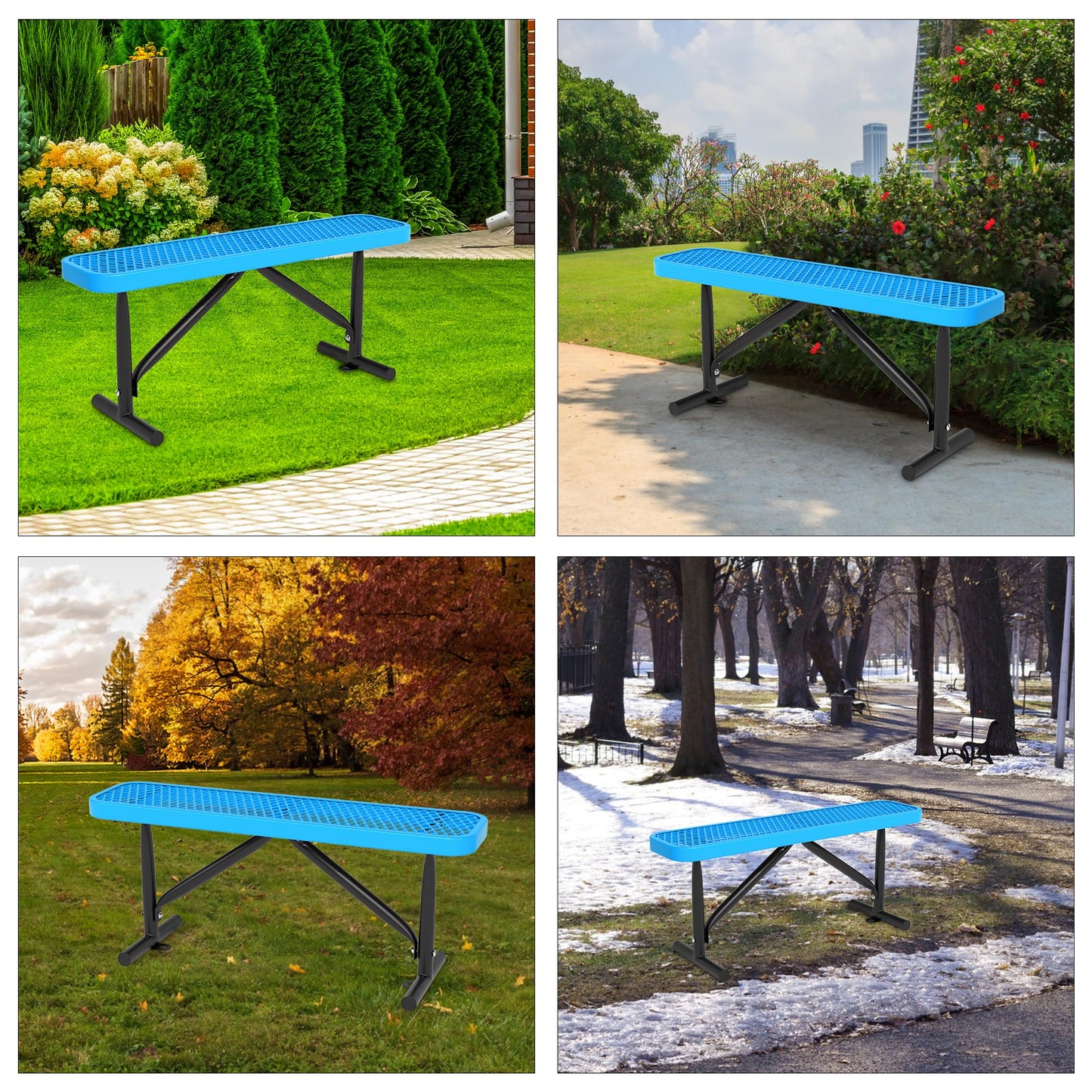 4FT/6 FT Park Benches-Outdoor Steel Flat Bench,Metal Backless Benches for Outside, School Benches Commercial Heavy Duty Rectangular Black Park Bench Patio Bench for Garden, Porch,Park (Blue, 4FT)