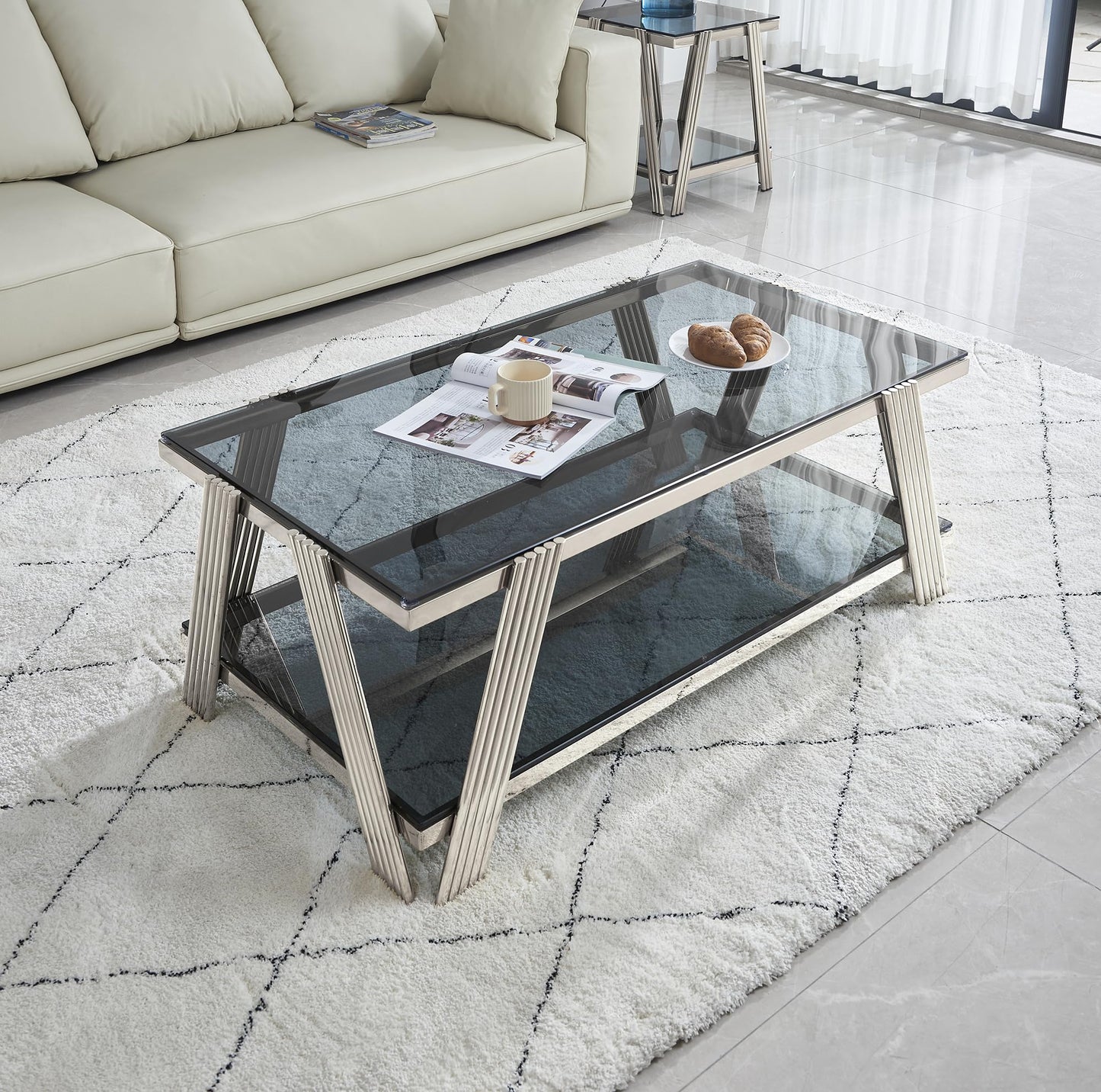 47" Modern Coffee Table, Double-Layer Black Tempered Glass Table Top with Stainless Steel Frame, Center Table with Storage, for Living Room Home Office, Silver