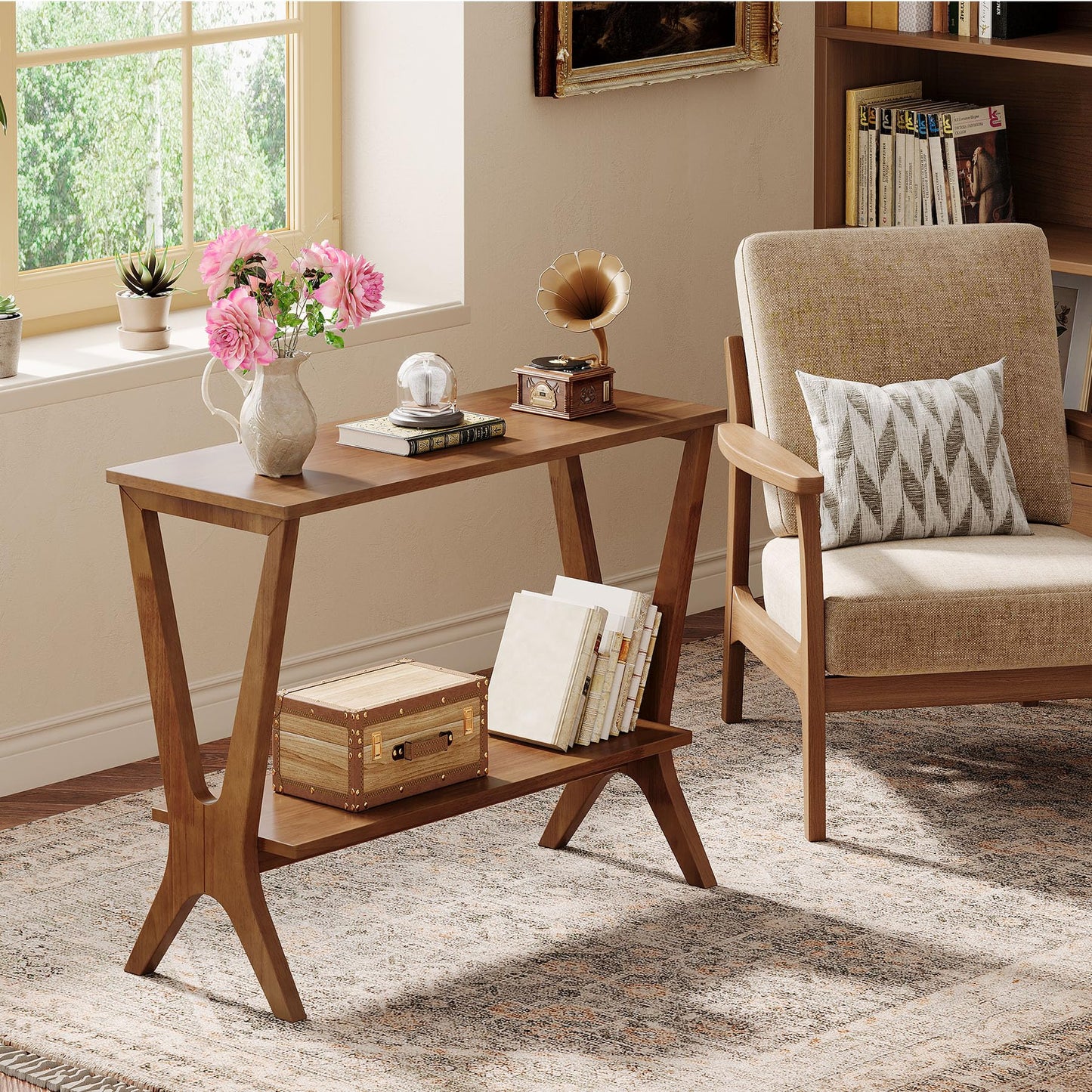 TRIBEWOOD Solid Wood End Table Set of 2, 2-Tier Storage Shelves Sofa Couch Side Table with Sturdy Legs, Wooden Narrow Retro Nightstand for Small Spaces, Bedroom, Living Room, Apartment, Vintage Brown