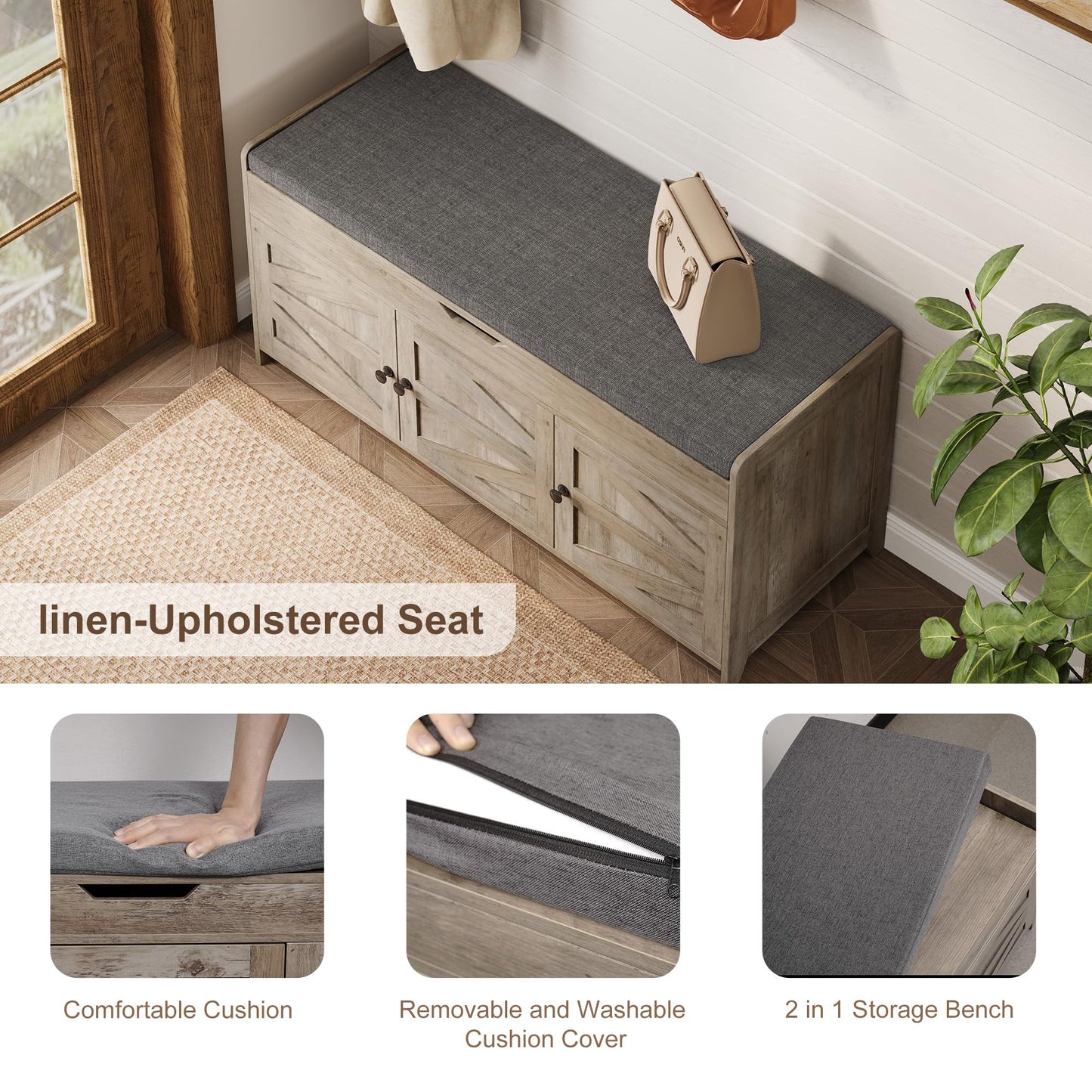 Xdwwhome Shoes Bench with Cushion, Storage Bench, Entryway Bench with Lift Top Storage, 43.3" Wooden End of Bed Bench, Shoe Bench Cabinet for Living Room Bedroom Hallway Garden, 330 lbs, Light Grey