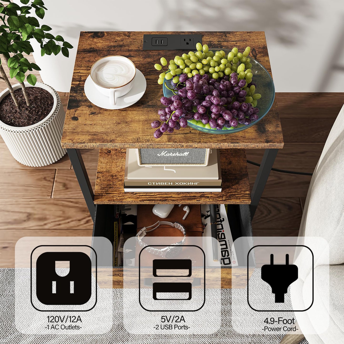 TUTOTAK End Table with Charging Station, Side Table with 2 USB Ports and Outlets, Nightstand with Cloth Drawer, Set of 2, Couch Table, Brown TB01BB052